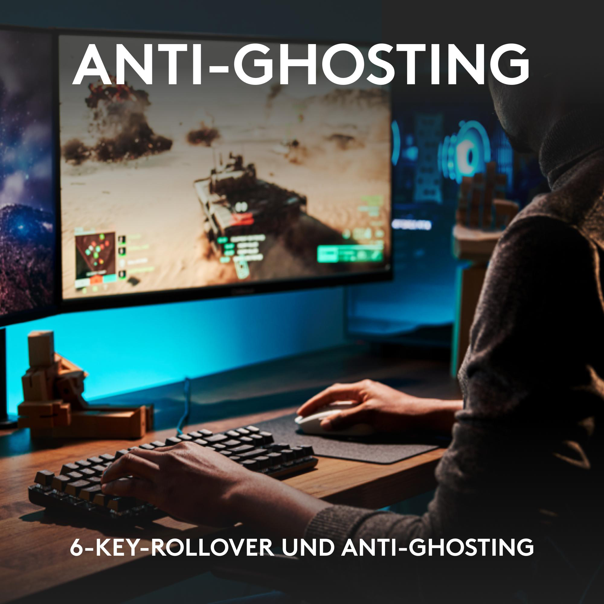 Person spielt ein Spiel auf einem Computer mit zwei Monitoren, Tastatur und Maus sichtbar.