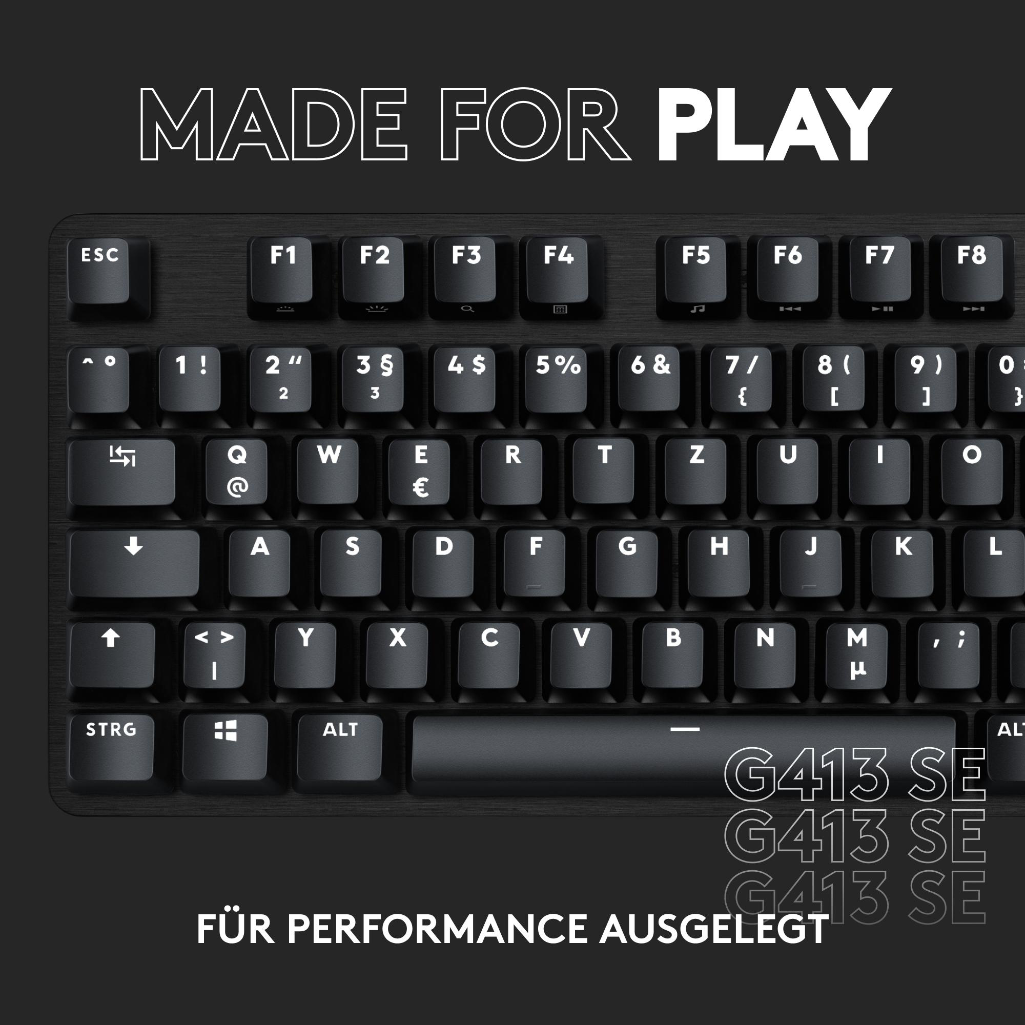 Schwarze Tastatur mit weißen Tasten, beschriftet mit Buchstaben und Zahlen. 'MADE FOR PLAY'.