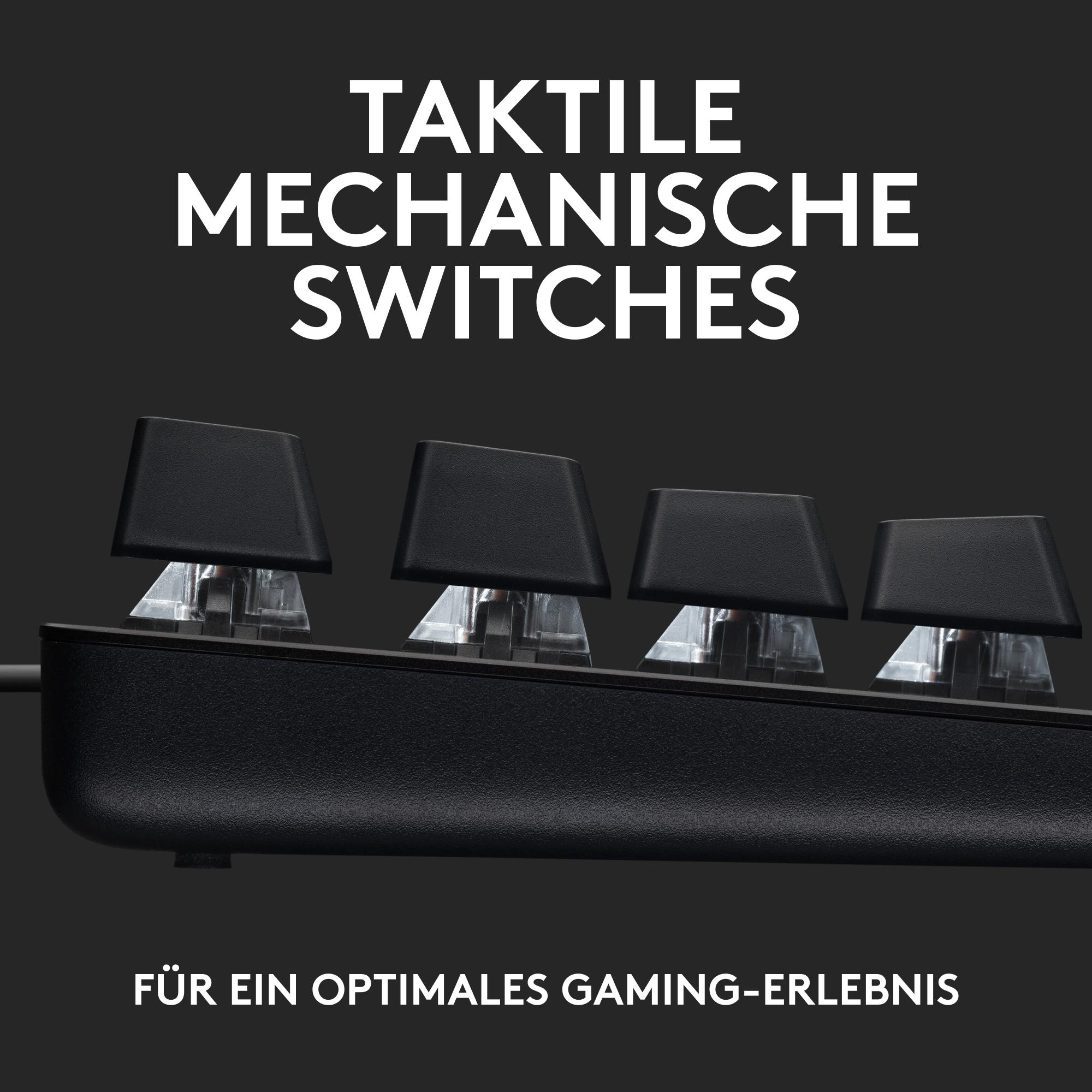 Tastaturtasten mit Text: TAKTILE MECHANISCHE SWITCHES. Schwarze Tasten, weißer Hintergrund, Nahaufnahme.