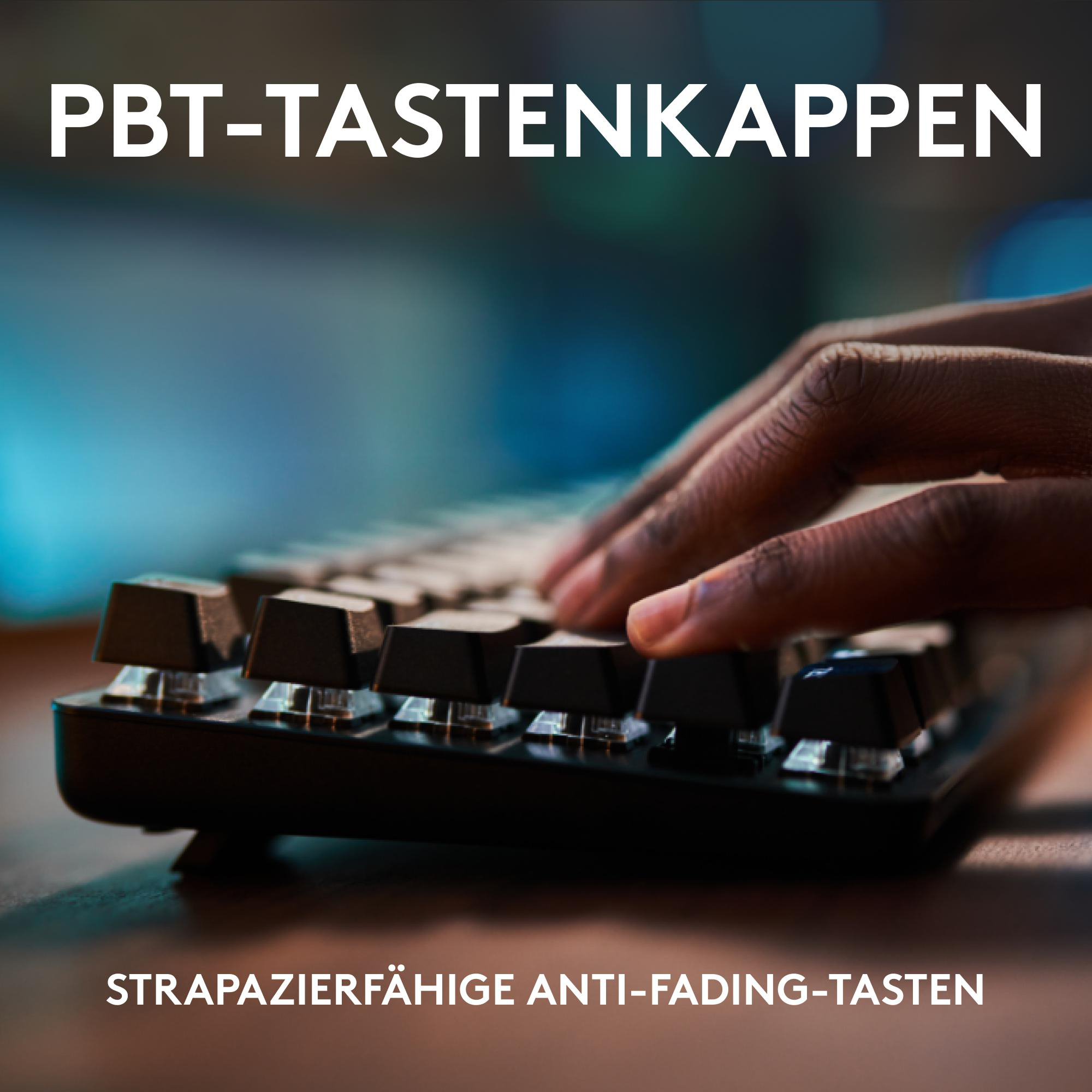 Hände auf einer schwarzen Tastatur mit schwarzen Tasten, Text oben auf Deutsch.