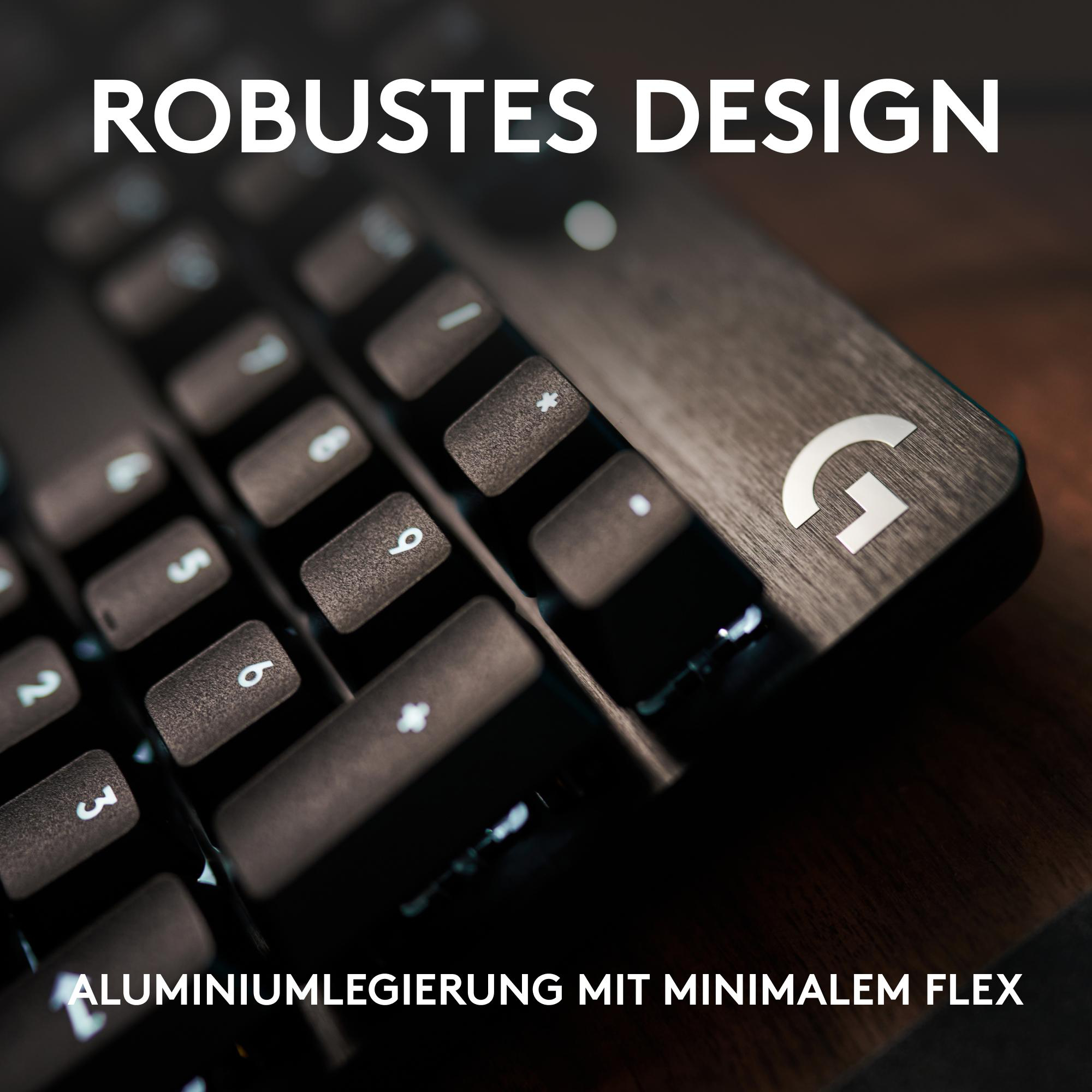 Nahaufnahme einer Tastatur mit dunklen Tasten. Das Logo ist sichtbar. Text: Robustes Design.
