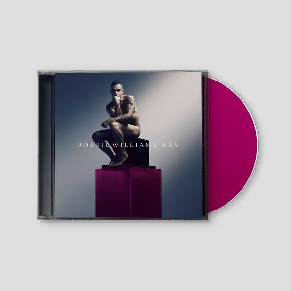 Pochette d'album de Robbie Williams. Il est assis torse nu sur une structure violette.