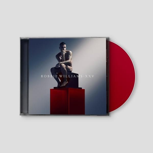 Robbie Williams albumhoes. Hij is naakt, zittend op een rood blok. Het album heet 'XXV'.