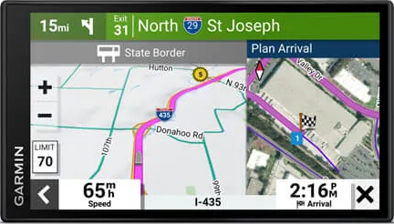 Un appareil GPS Garmin affichant une carte avec des informations d'itinéraire.