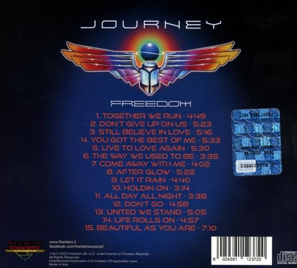 Pochette de CD pour l'album 'Freedom' de Journey avec liste des titres et artwork.