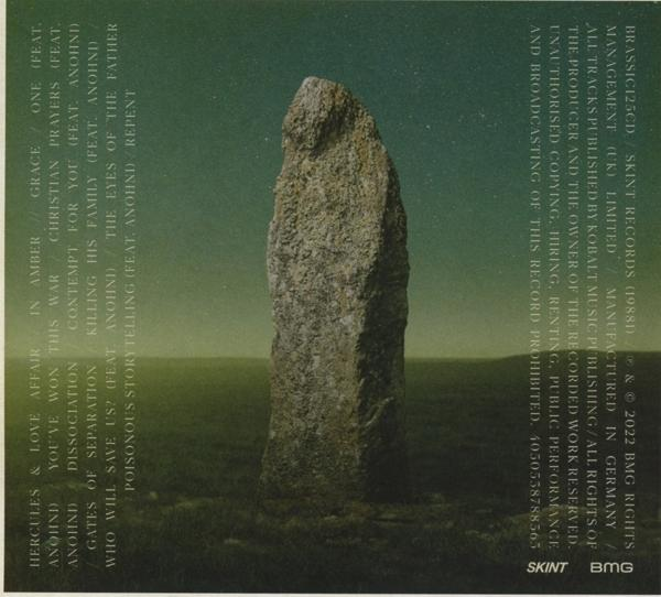 Albumhoes met een stenen monument in een donkergroen landschap.