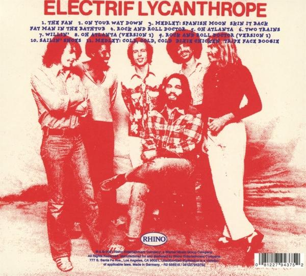 Albumcover: Bandmitglieder in Rot und Weiß, mit Text, der Songs auf weißem Hintergrund auflistet.