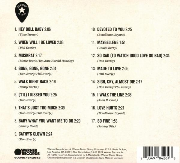 CD-Cover mit Trackliste. Weißer Hintergrund. Everly Brothers Compilation. Warner Records Label.