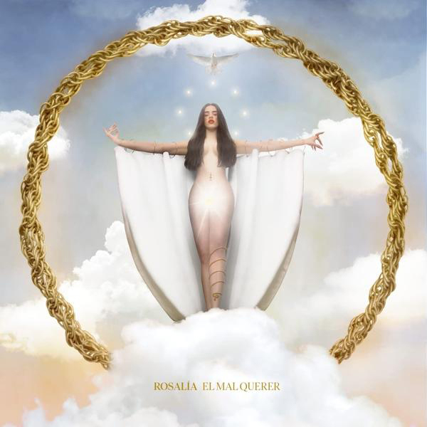 Albumcover. Eine Frau in weißem Kleid mit offenen Armen, umgeben von einem goldenen Kreis und Wolken.
