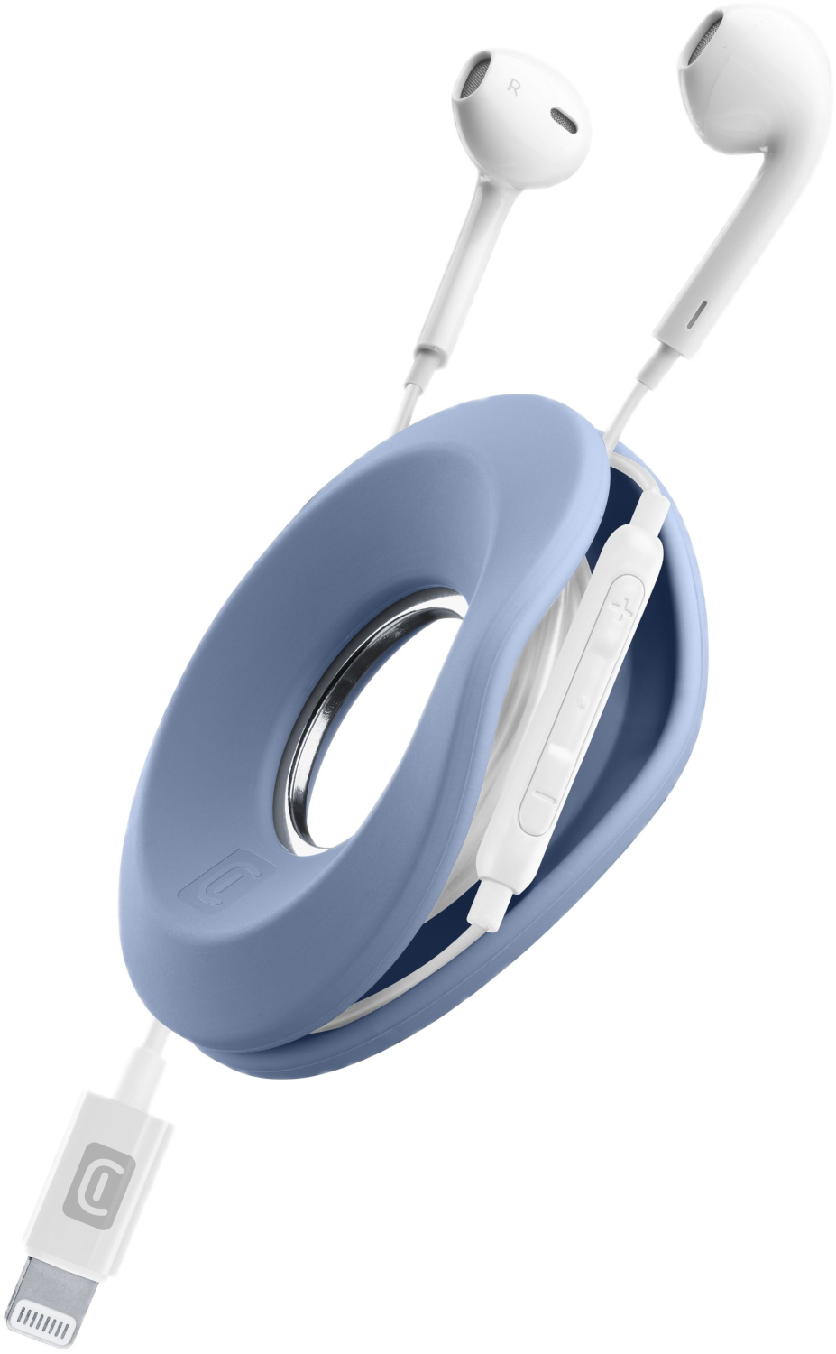 Écouteurs blancs et un support bleu avec un connecteur blanc. Fond blanc.