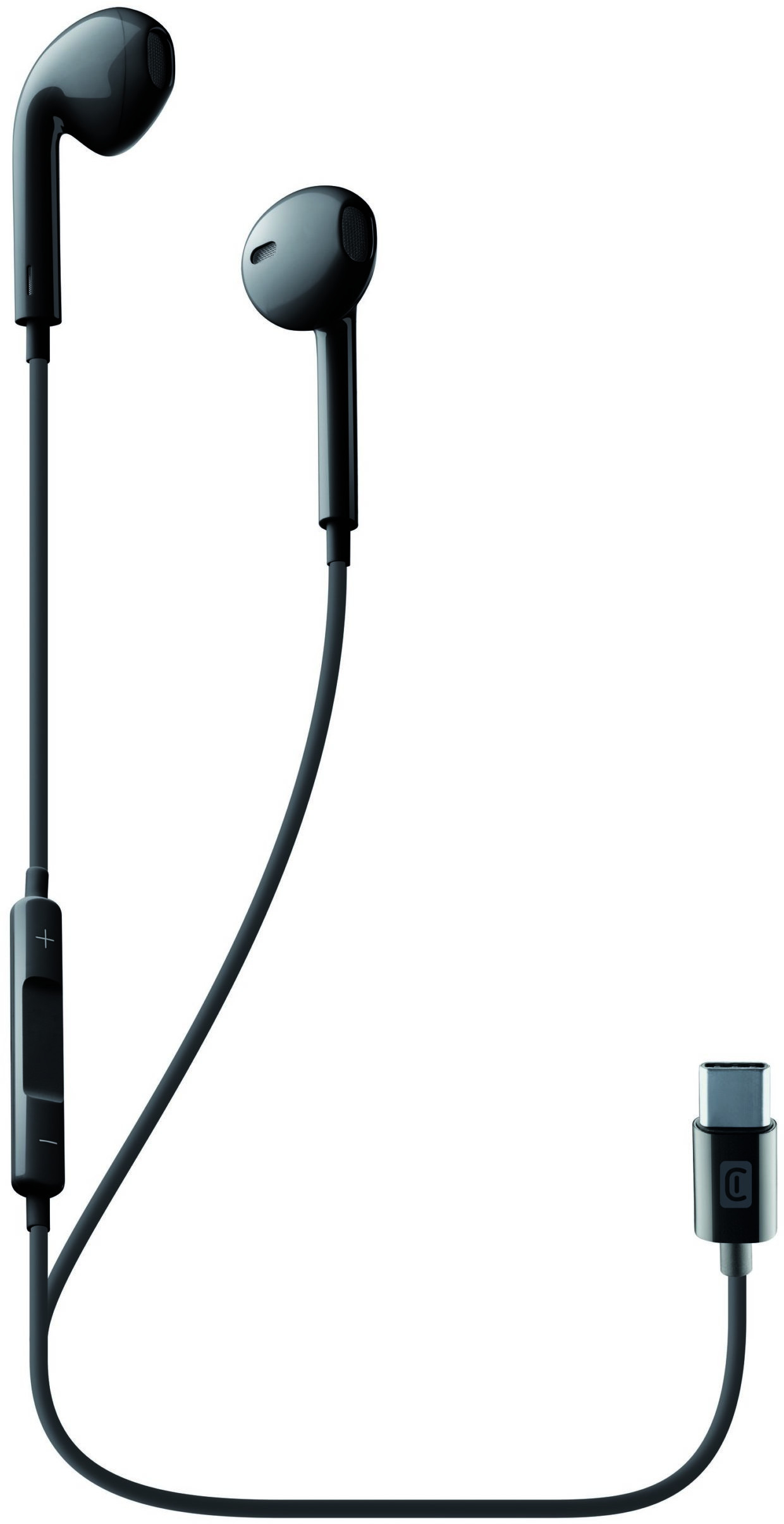 Black earbuds with a microphone and volume control on a black cable, and a USB-C connector.