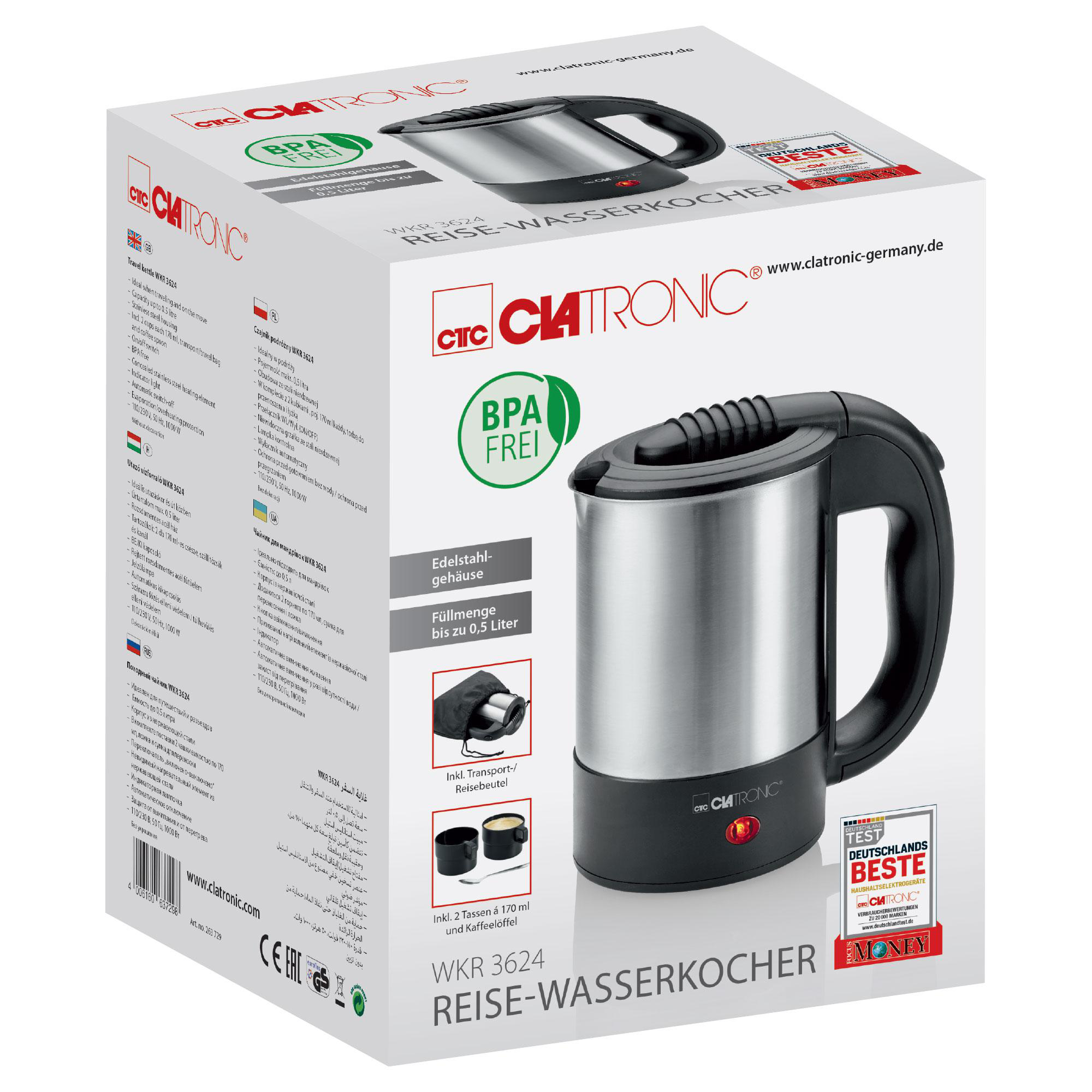 Box eines Reise-Wasserkochers. Weiße Box mit Text und Bildern des Produkts.