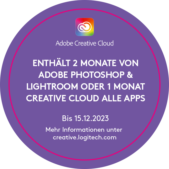 Lila Kreis mit Text über Adobe Photoshop & Lightroom oder Creative Cloud Apps.
