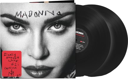 Pochette de l'album de Madonna, gros plan de son visage. Deux disques vinyles noirs. Autocollant rouge avec texte.