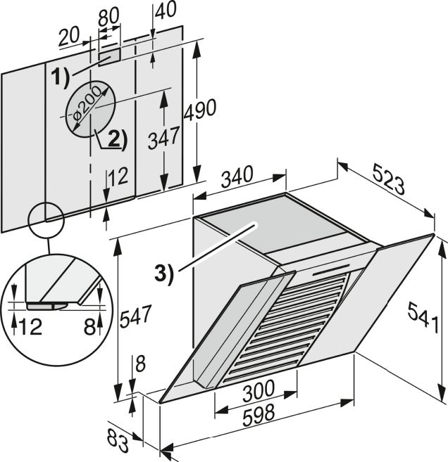 Diagramm einer Dunstabzugshaube mit Maßen. Enthält eine Draufsicht und eine detaillierte Seitenansicht.