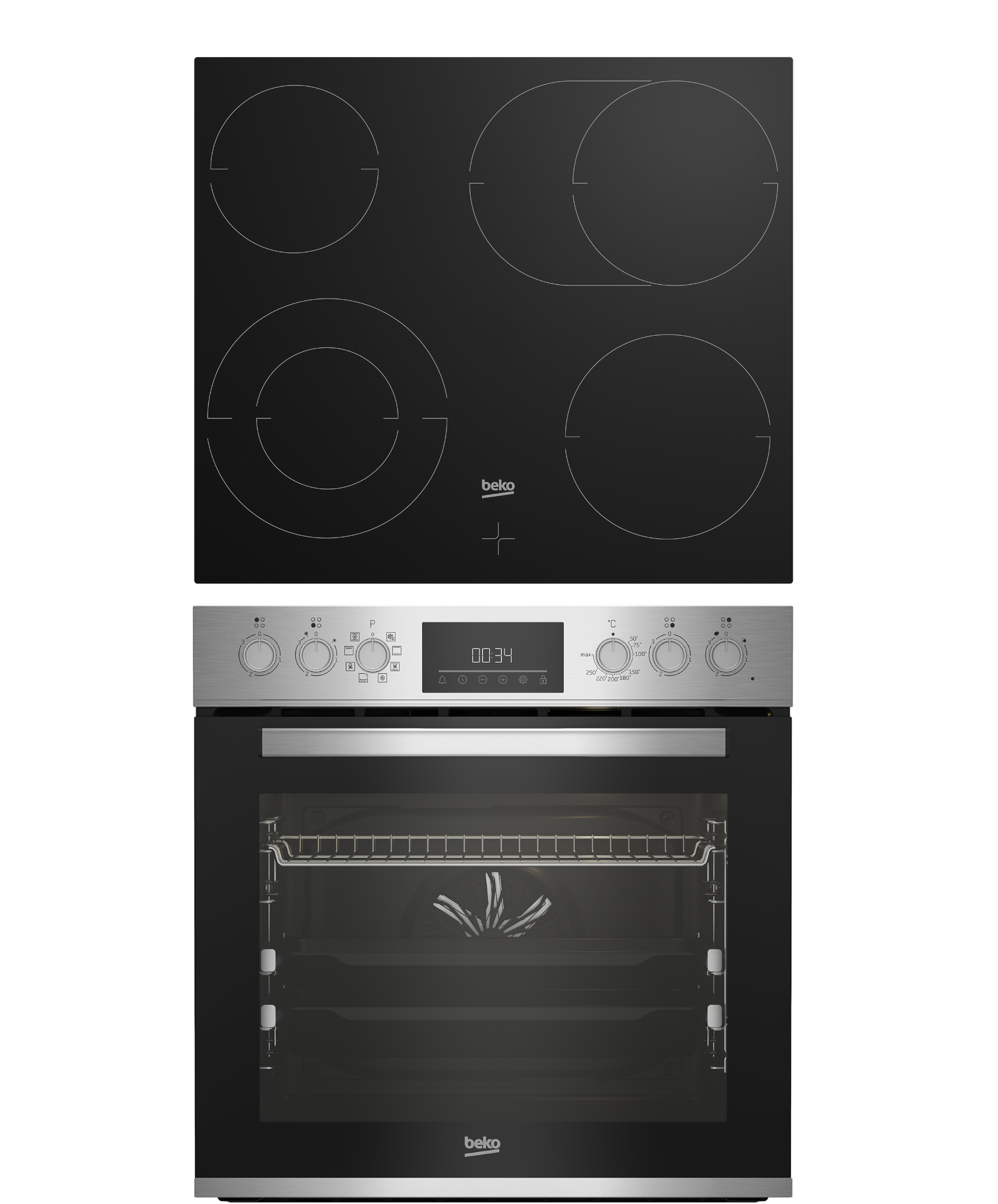 Schwarzes Kochfeld und Backofen. Vier kreisförmige Kochfelder oben, Ofen mit Digitalanzeige unten.