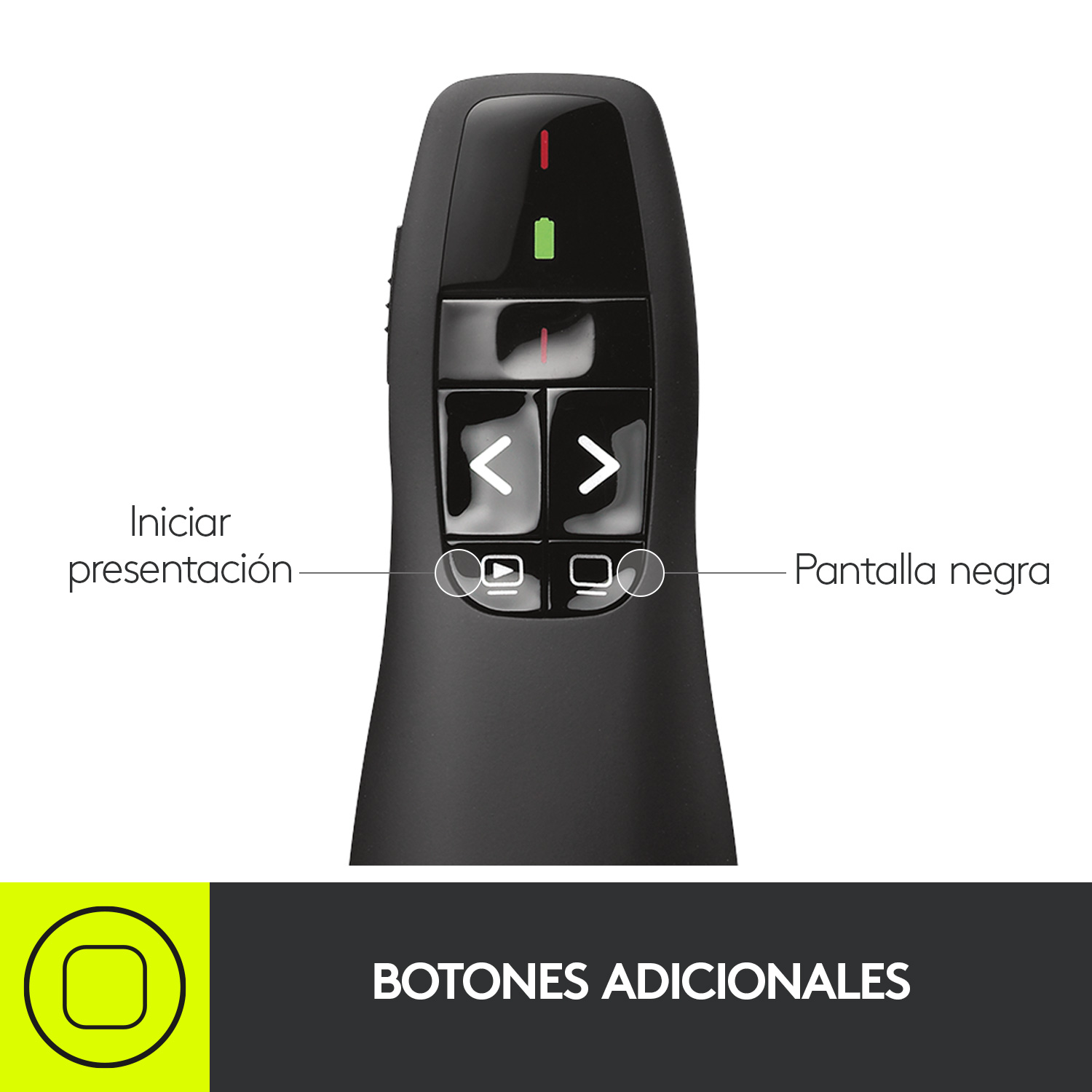 Mando a distancia de presentación negro con botones y etiquetas.