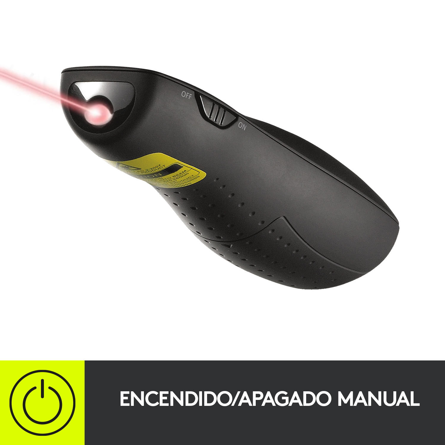 Puntero láser negro con luz láser roja. El texto de abajo dice: ENCENDIDO/APAGADO MANUAL.