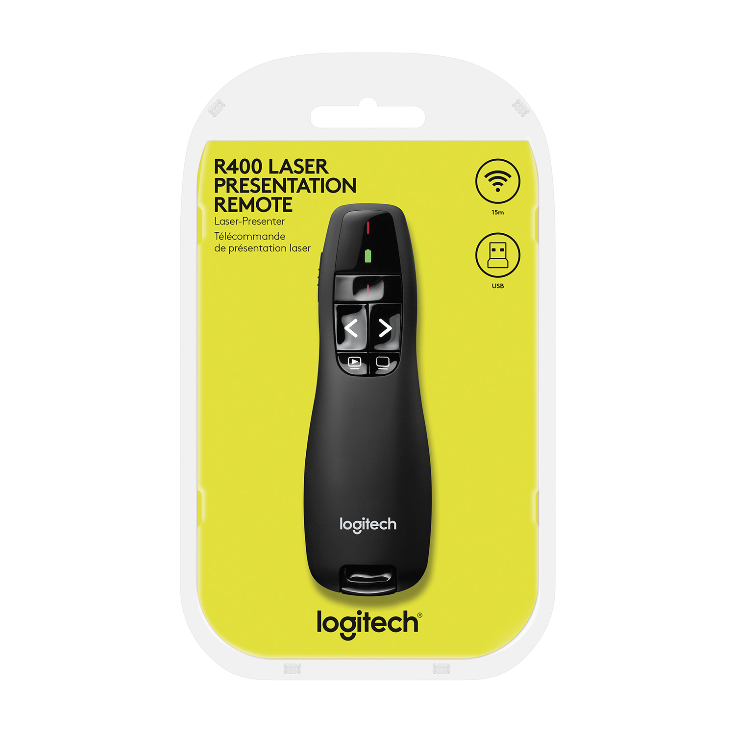 Mando a distancia de presentación láser Logitech R400 en su embalaje. Botones e iconos.