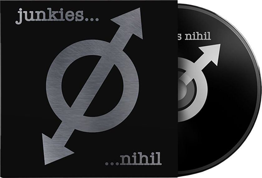 CD borító. Fekete háttér ezüst nyíl szimbólummal és a junkies...nihil szóval.