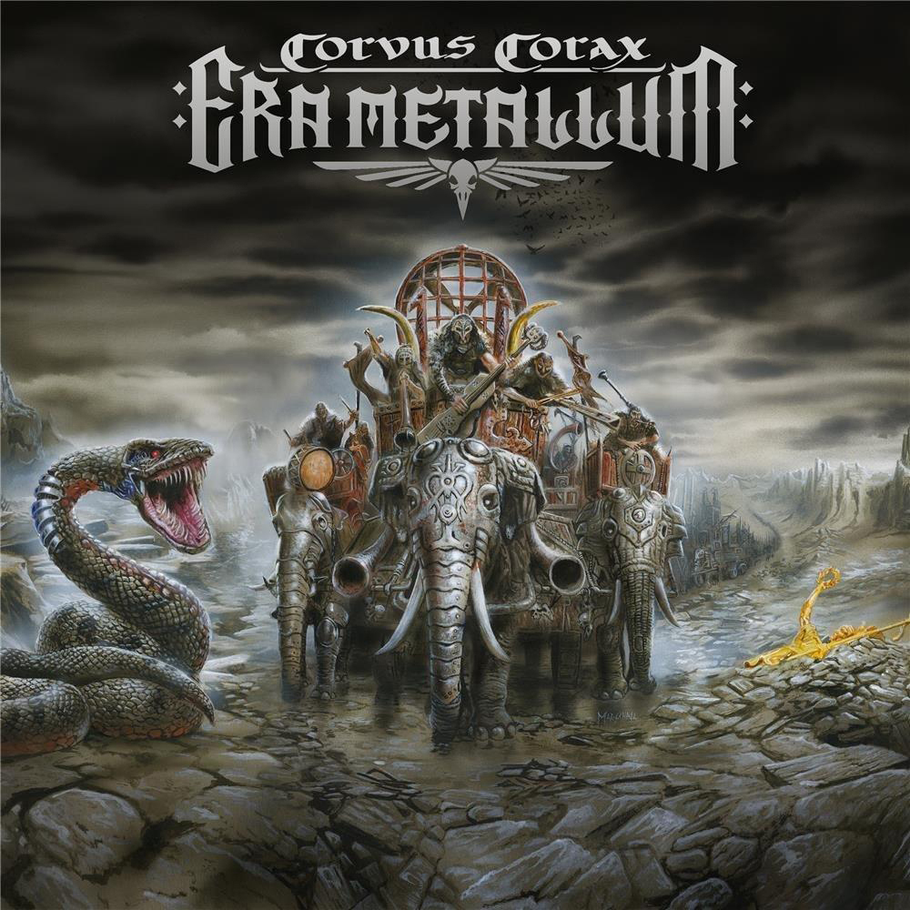 Albumcover mit Metalband auf elefantenbespannten Wagen, Schlange und dunklem, wolkigem Himmel.