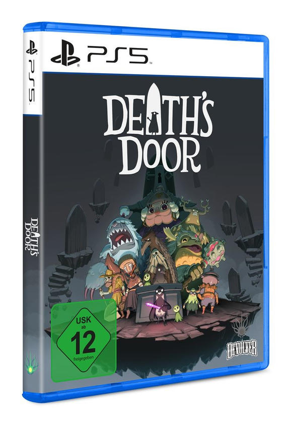 Videospielhülle mit blauem Cover. Das Spiel heißt Death's Door. USK 12 Logo sichtbar.