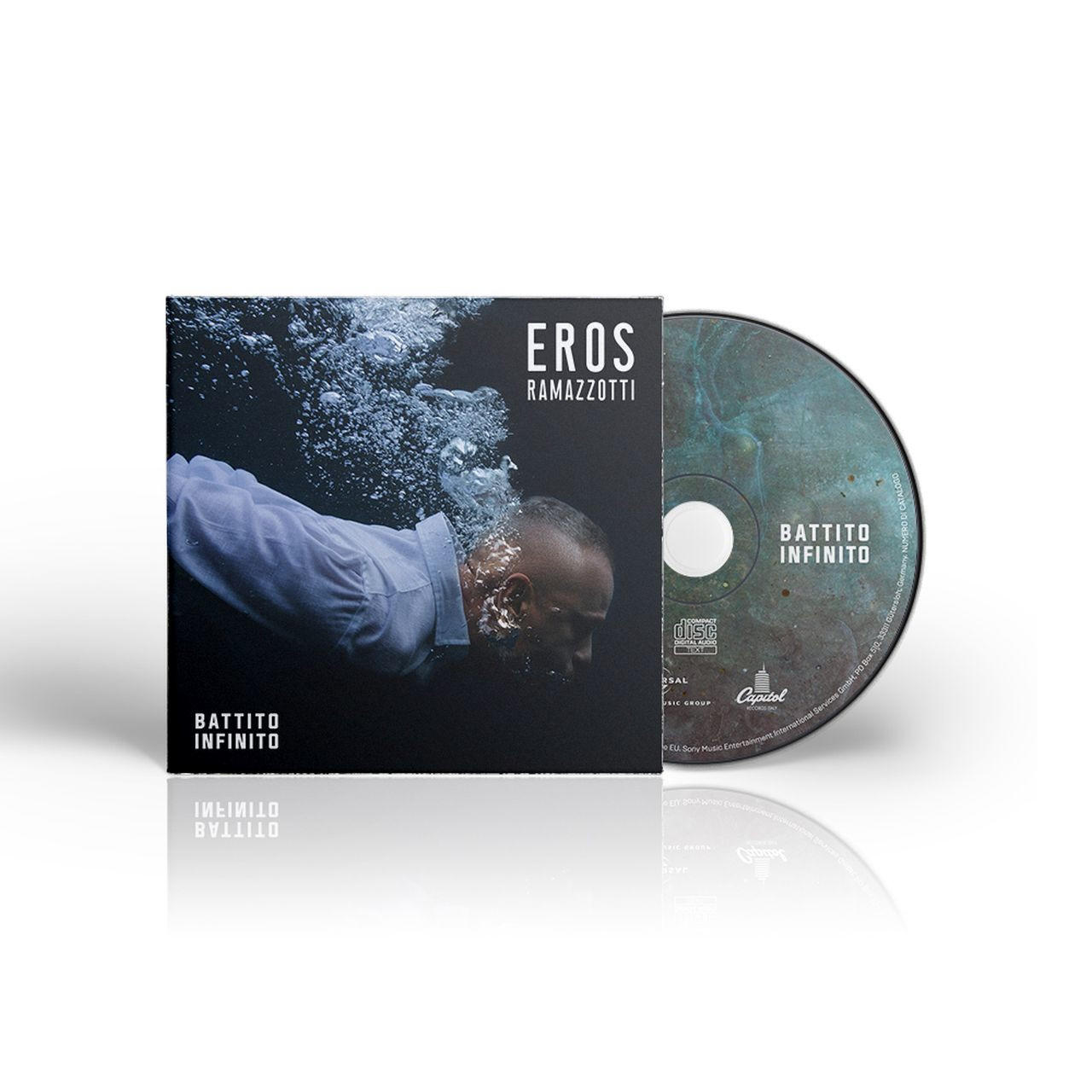 CD-Cover von Eros Ramazzottis Album 'Battito Infinito' mit einem Mann unter Wasser und einer CD.