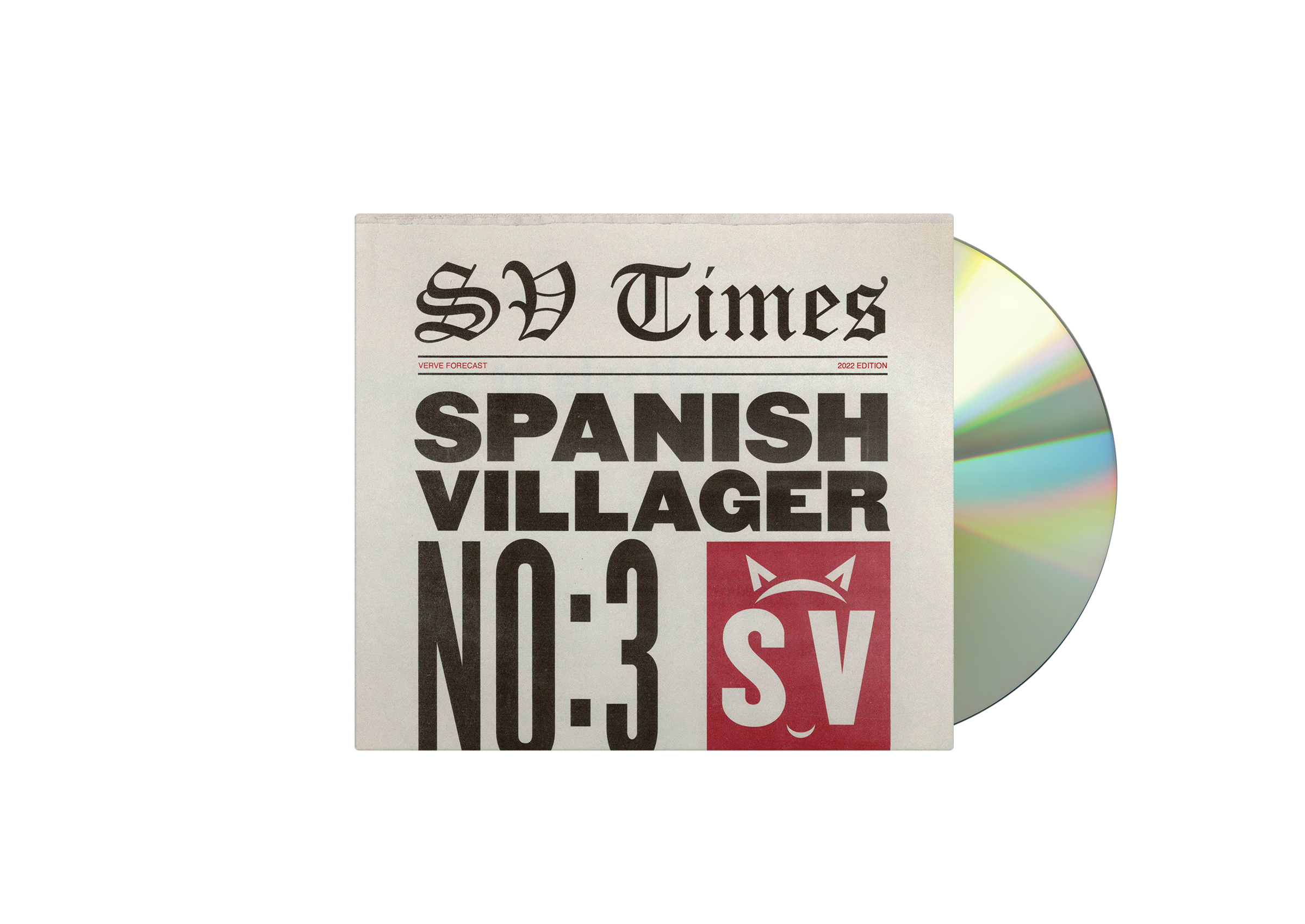 Eine CD mit Hülle im Zeitungsdesign. Der Titel lautet Spanish Villager.