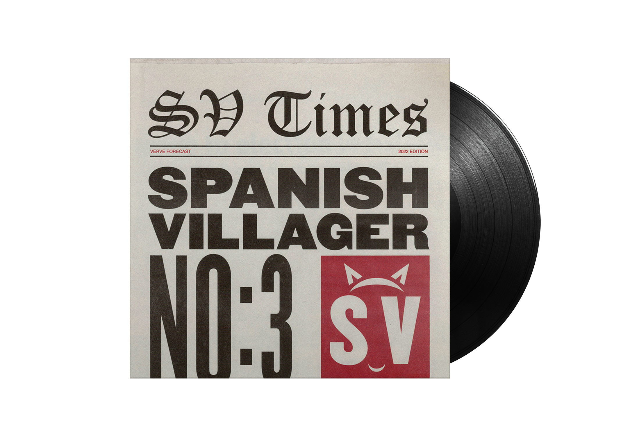 Albumcover mit einer Vinyl-Schallplatte und einem Design im Zeitungsstil. Der Titel lautet 'Spanish Villager No:3'.
