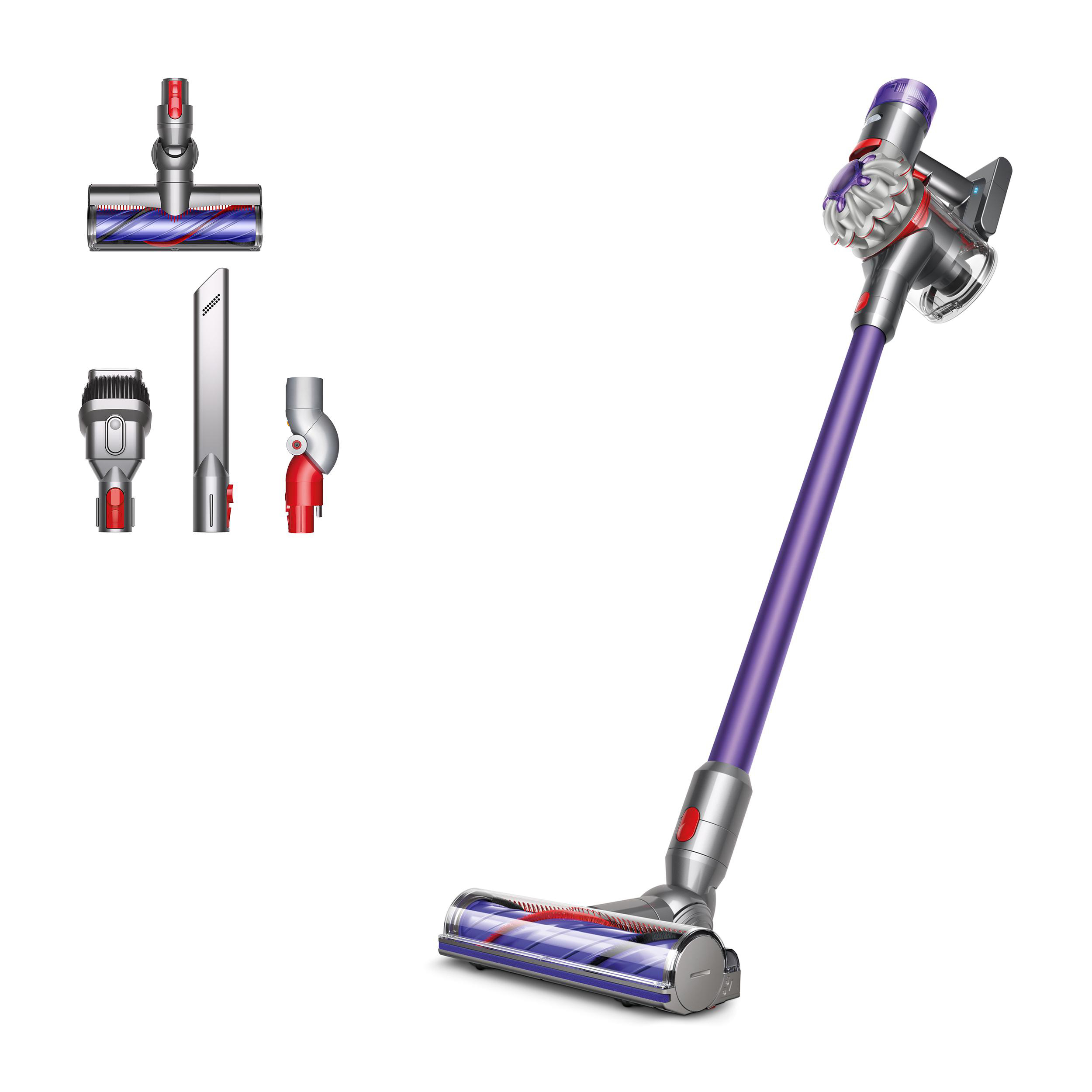 Dyson V7 Staubsauger und Zubehör. Die Haupteinheit ist lila und silber.