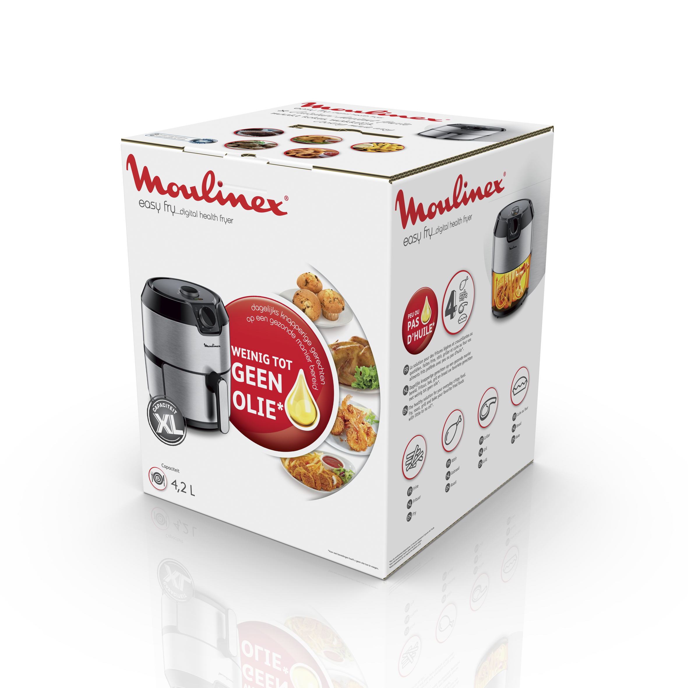 Caja de freidora de aire Moulinex con imágenes de comida, texto y logo.