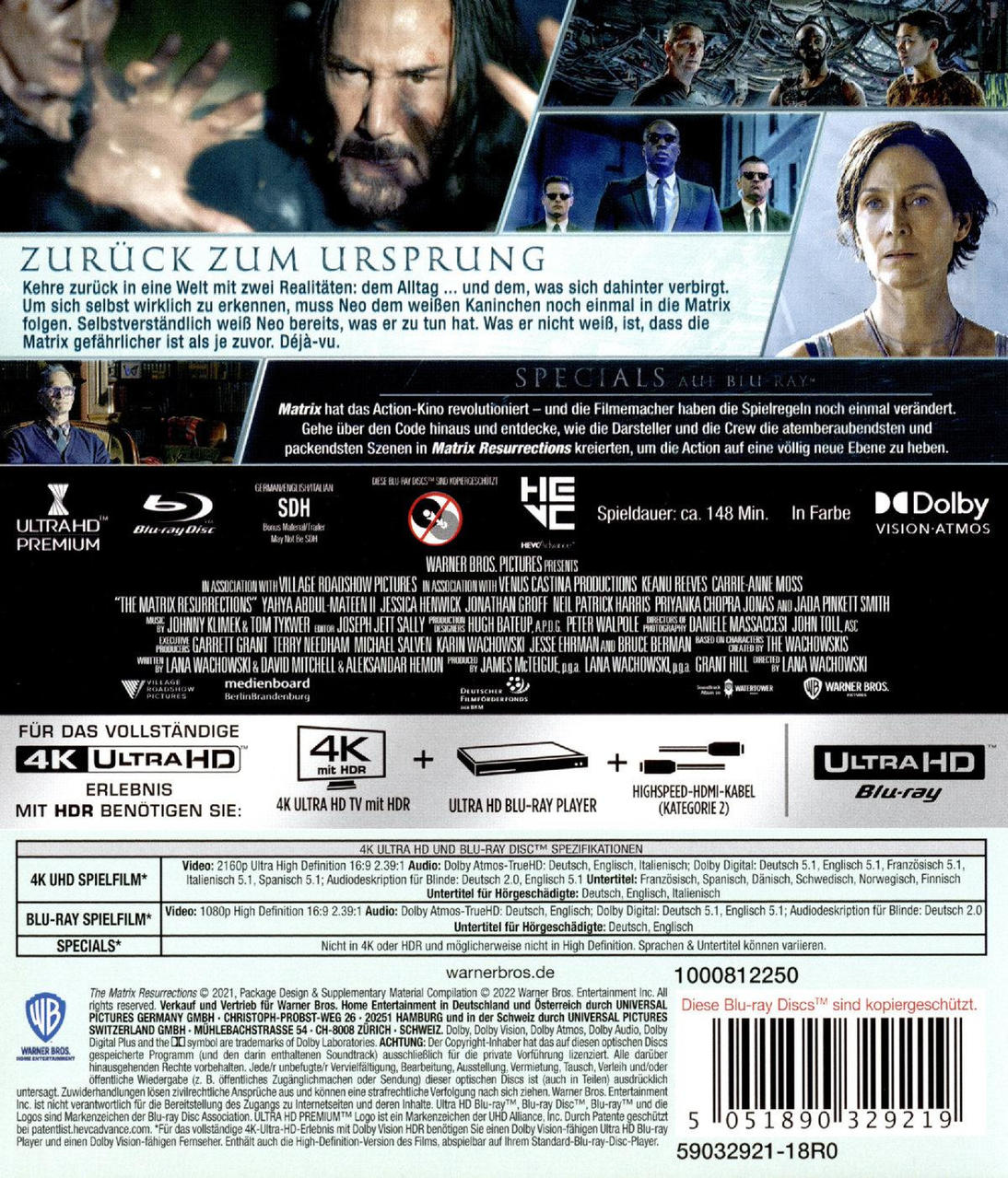 Rückseite einer Matrix-Film-Blu-ray. Es hat Bilder von Schauspielern und eine Zusammenfassung des Films.