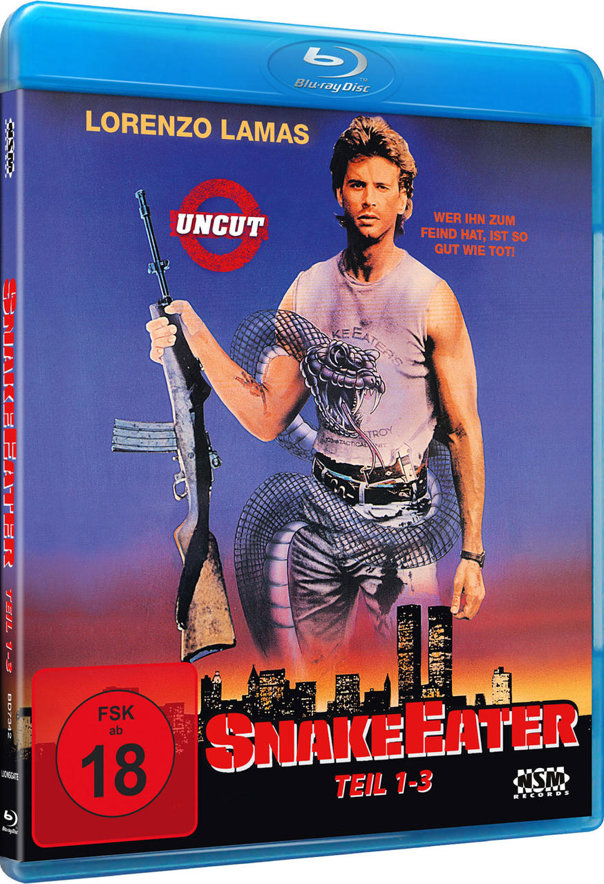Blu-ray-Cover eines Films mit einem Mann, der eine Waffe hält, Schlange.