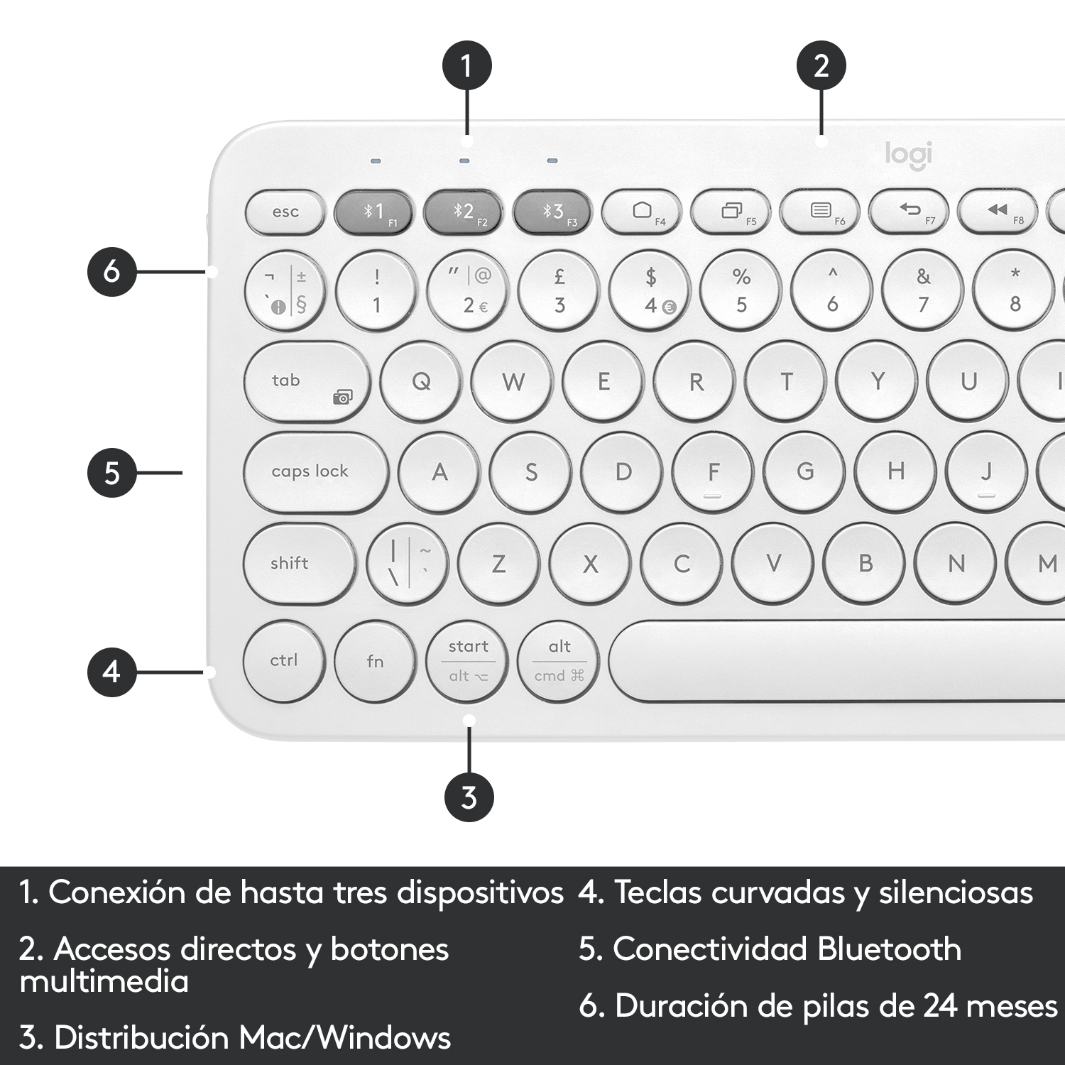 Teclado blanco con teclas numeradas y fondo blanco con logo en la parte superior.