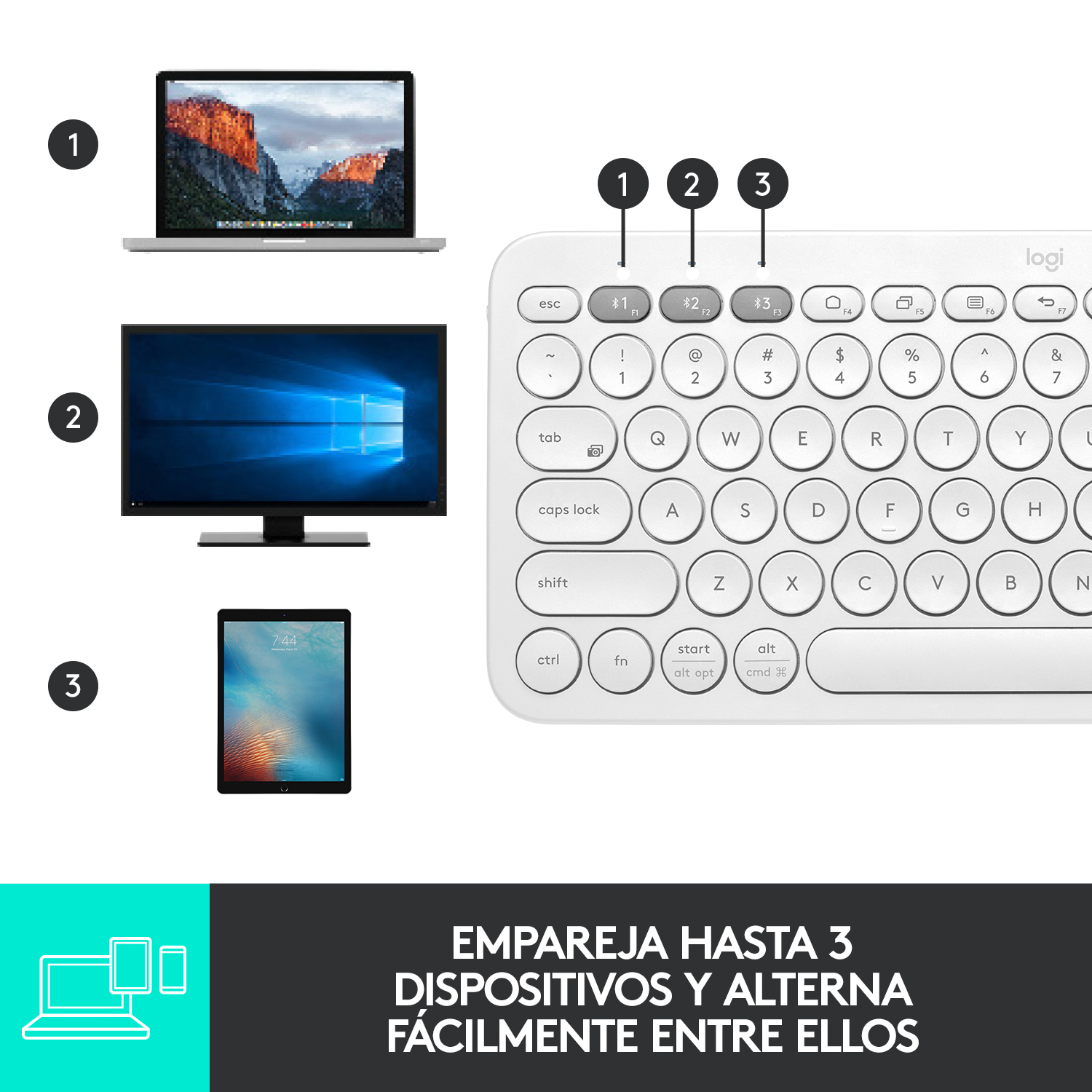 Un teclado con tres dispositivos conectados: portátil, monitor y tableta.