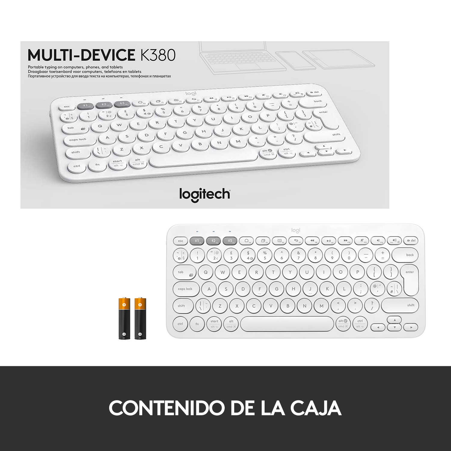 Teclado blanco con vista superior. Incluye un portátil y baterías. Abajo: teclado con teclas.