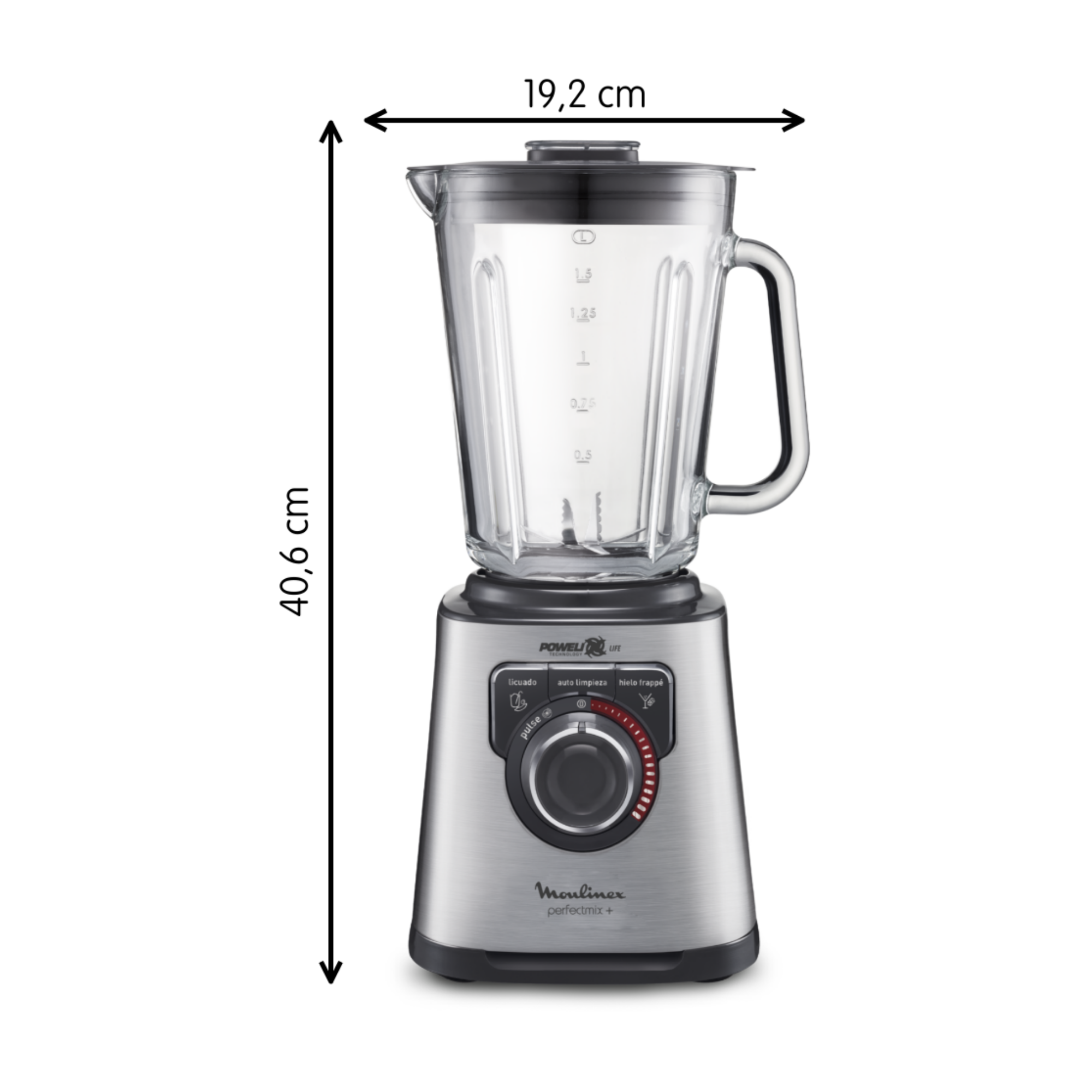 Licuadora plateada con un vaso de vidrio. Dimensiones en centímetros indicadas.
