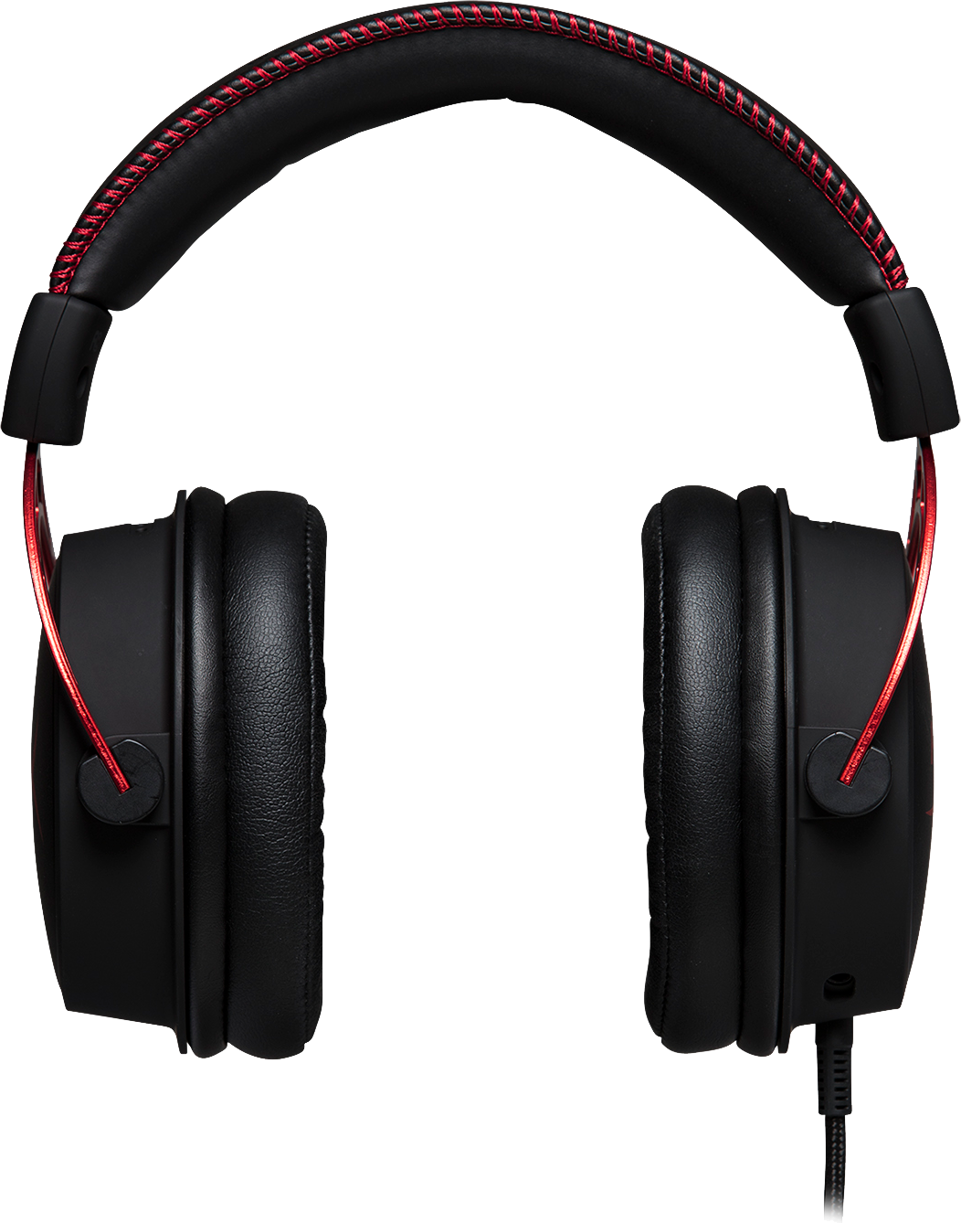 Black and red headphones with a cable. Headband has red stitching.
