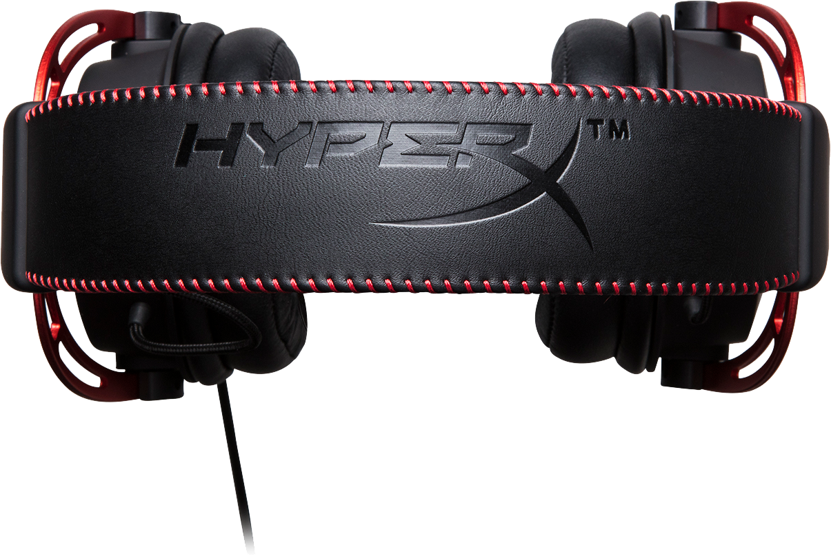 Black and red HyperX gaming headphones with a red stitched headband with the logo.