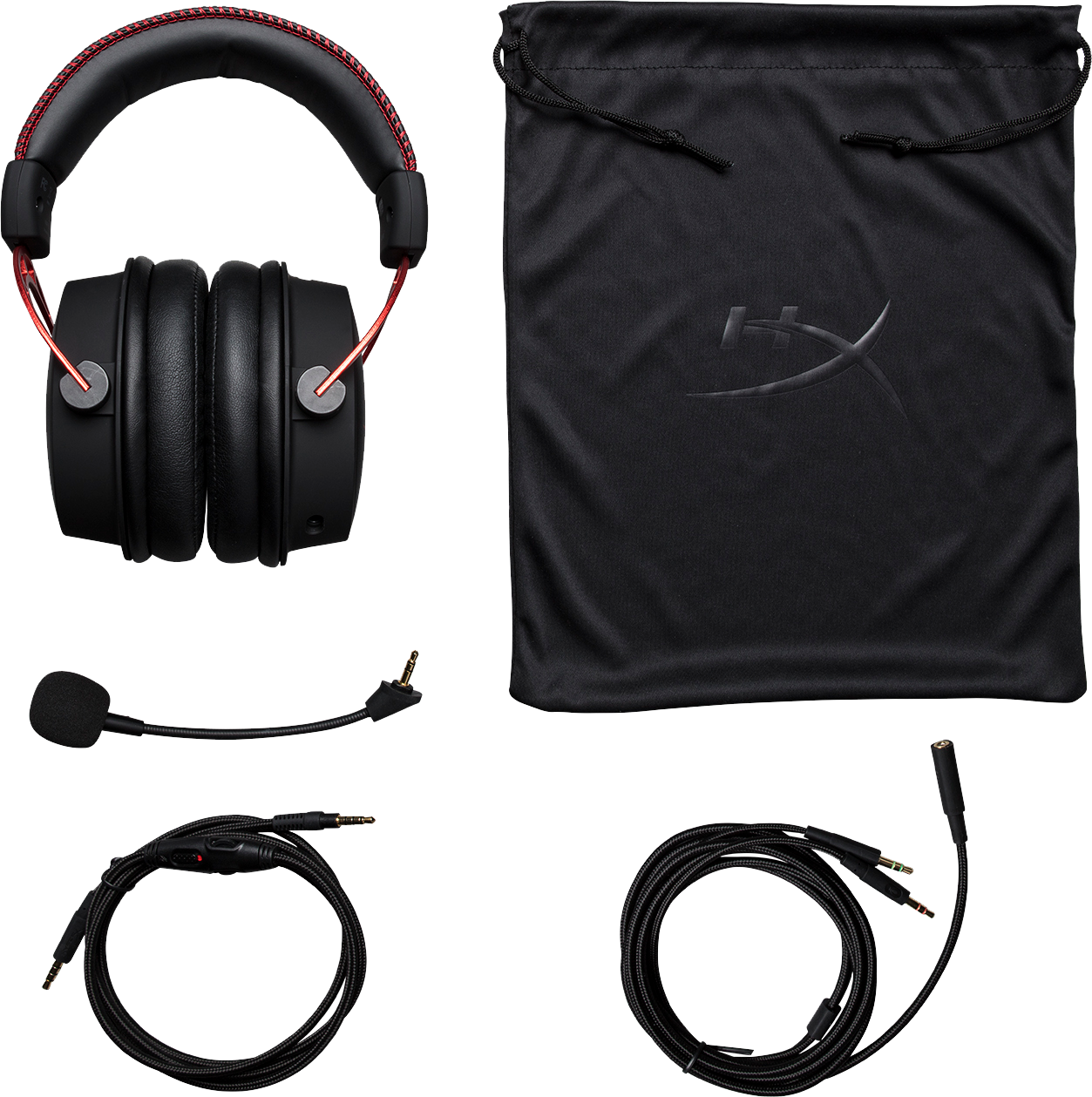 Black HyperX headset with detachable microphone. Includes cables, bag, and accessories. Black background.