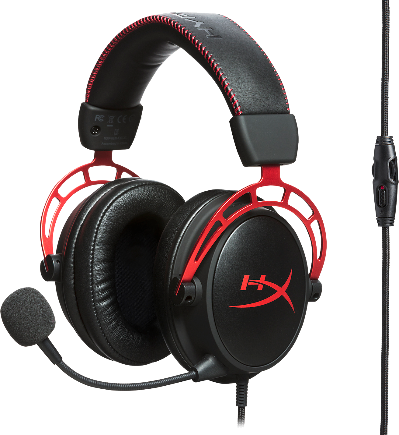 Black and red HyperX gaming headset with microphone, and a volume control.