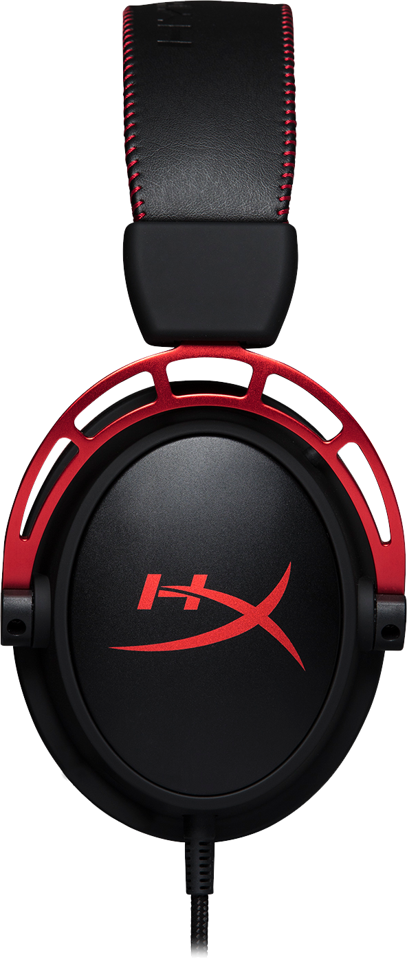 A pair of red and black headphones with the HyperX logo, seen from above.
