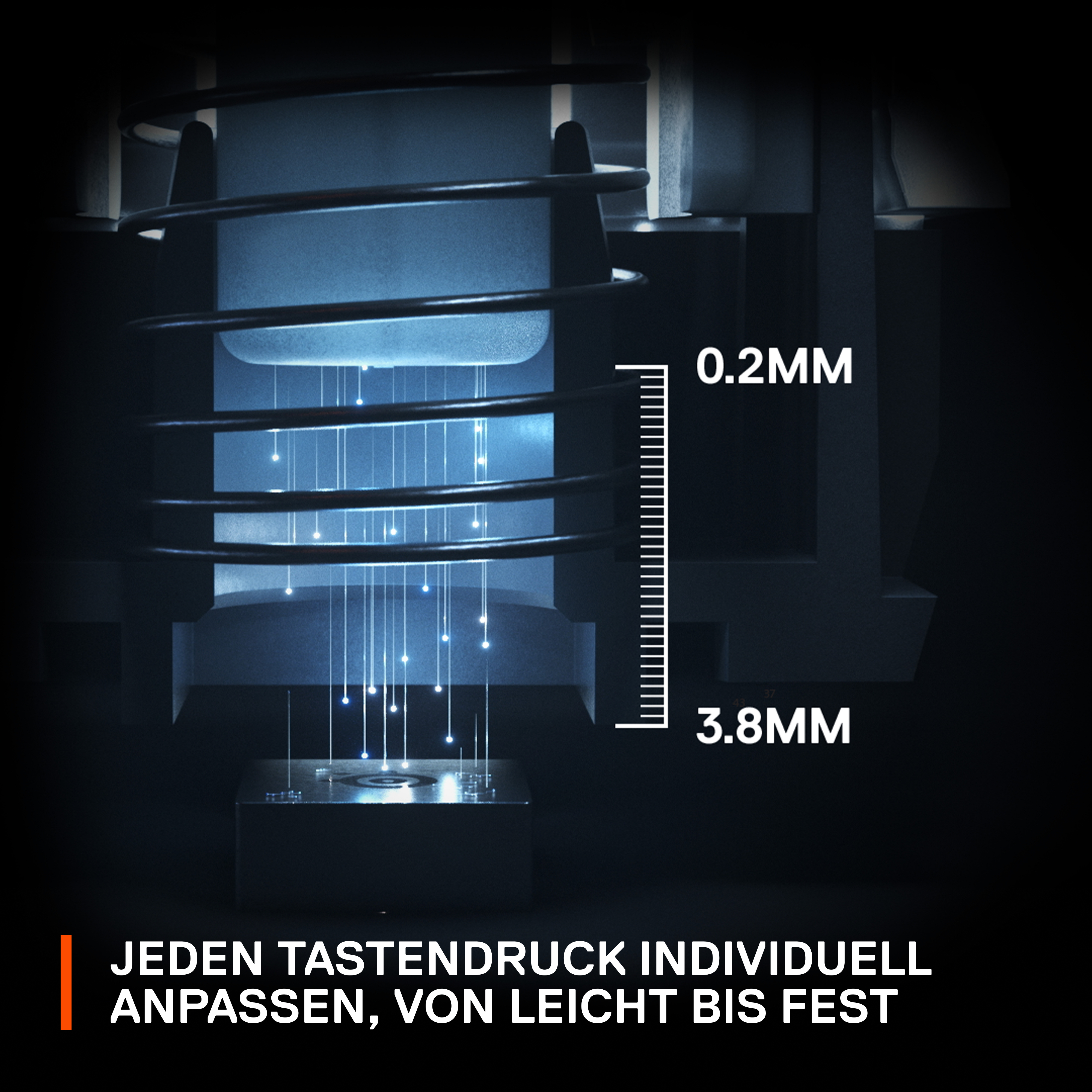 Nahaufnahme eines schwarzen Geräts mit Maßstab, Text und dunklem Hintergrund, das interne Mechanismen zeigt.