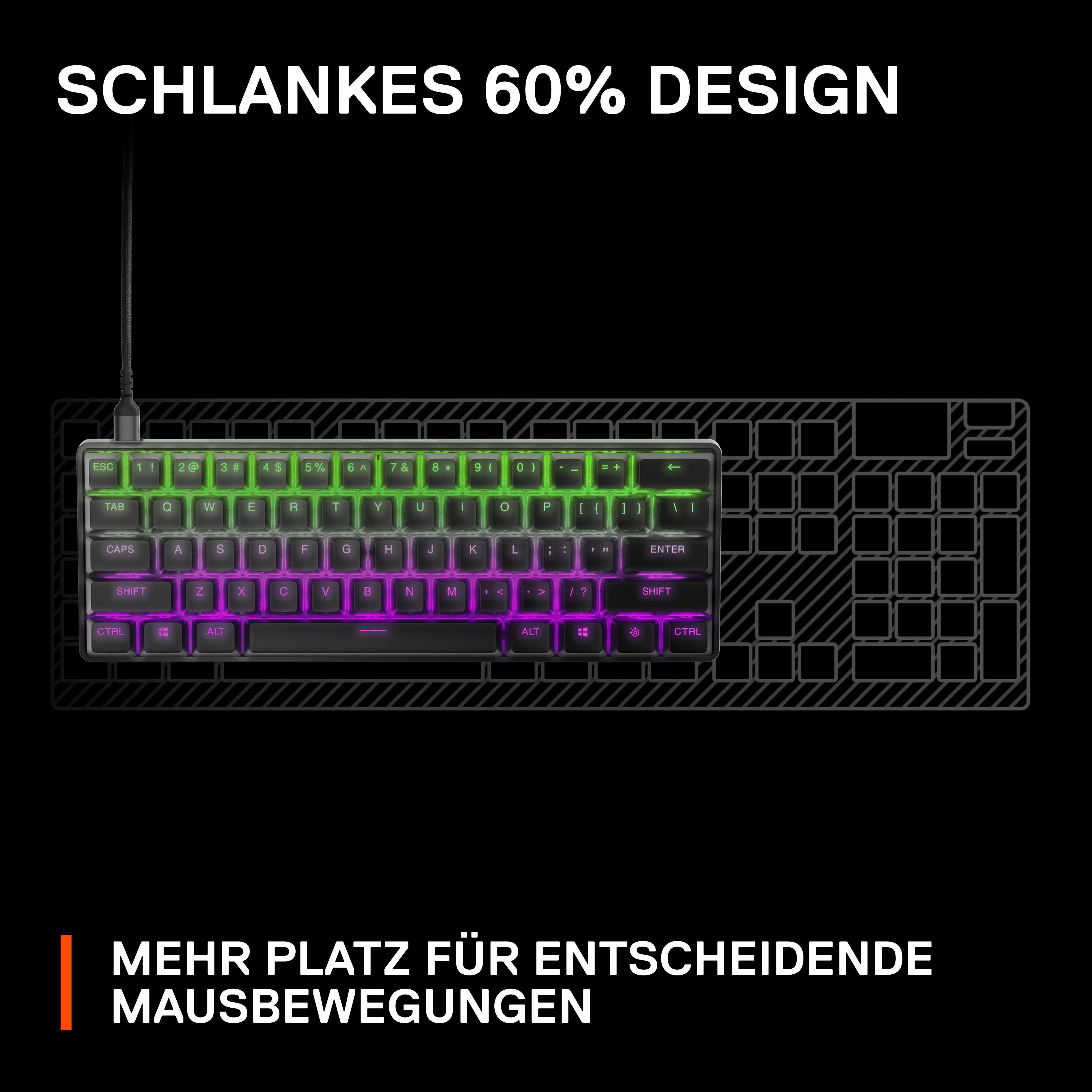 Eine schwarze Tastatur mit beleuchteten Tasten. Die Worte 'Schlankes 60% Design' sind sichtbar.