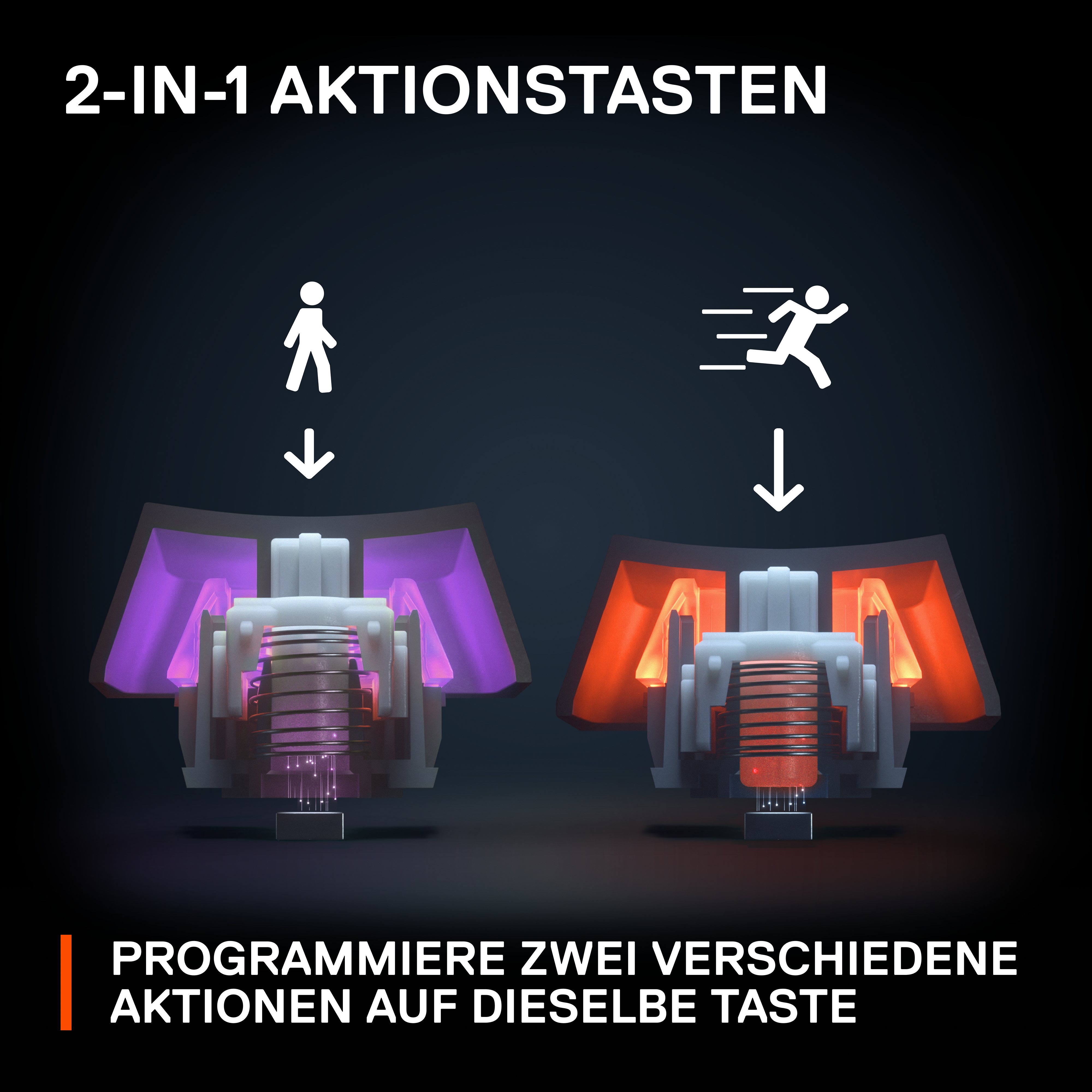Das Bild zeigt zwei Querschnitte eines Tastaturschalters mit zwei verschiedenen Aktionstypen.