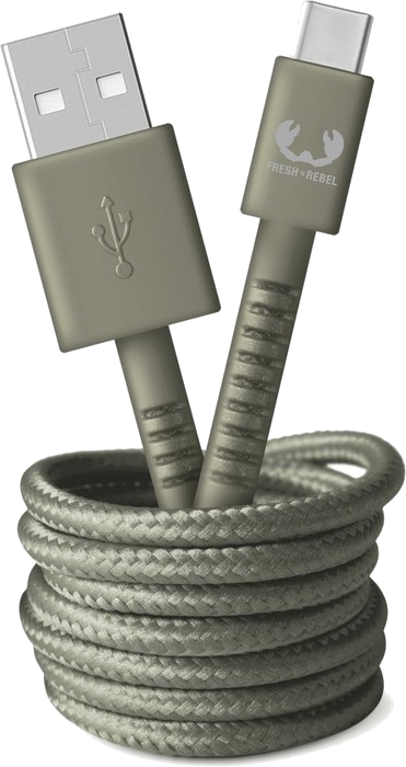 Câble USB vers USB-C vert olive, enroulé et connecté. Logo Fresh 'n Rebel à l'extrémité USB-C.