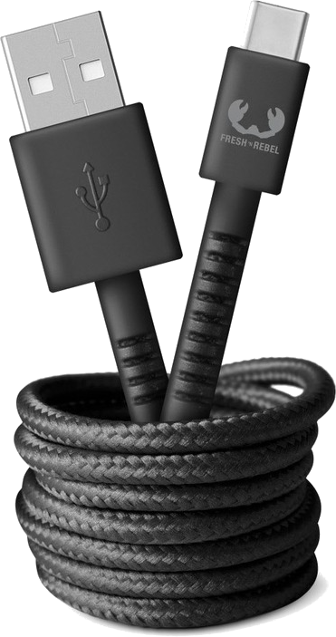 Zwarte USB-C kabel met Fresh Rebel logo, met een zwarte gevlochten kabel en USB-connector.