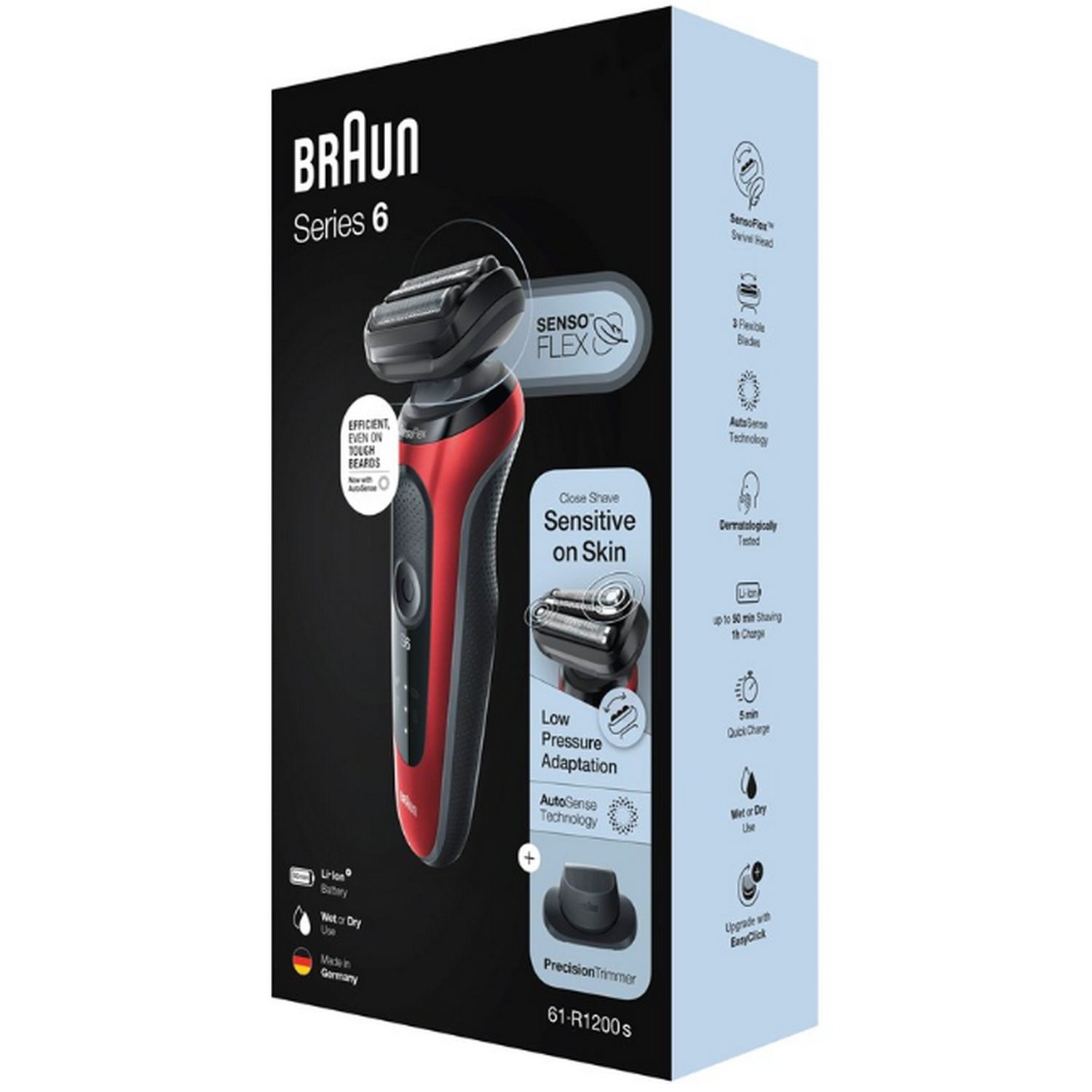 Caja de afeitadora Braun Series 6 con una afeitadora roja y negra y detalles del producto.