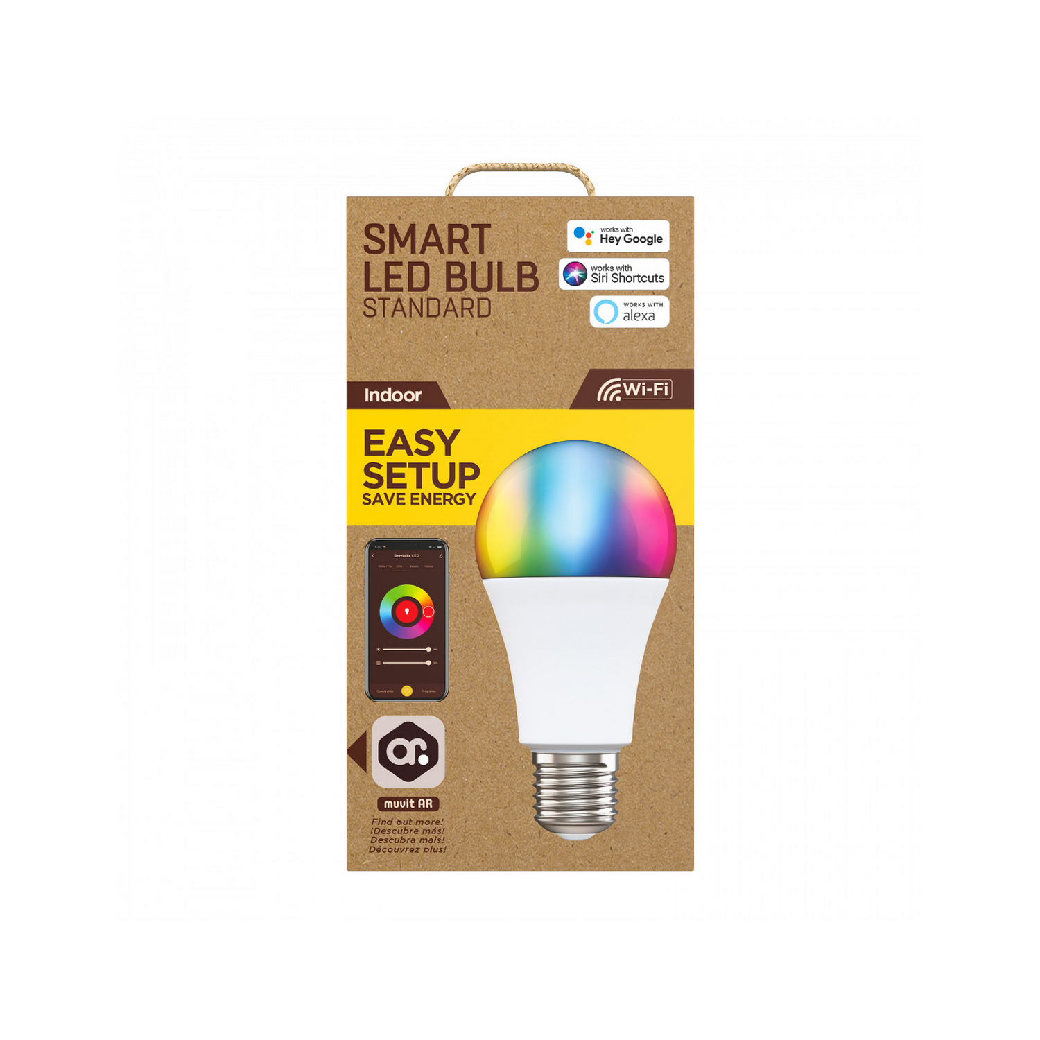 Una bombilla LED inteligente en una caja, que muestra una bombilla que cambia de color con una interfaz de aplicación.