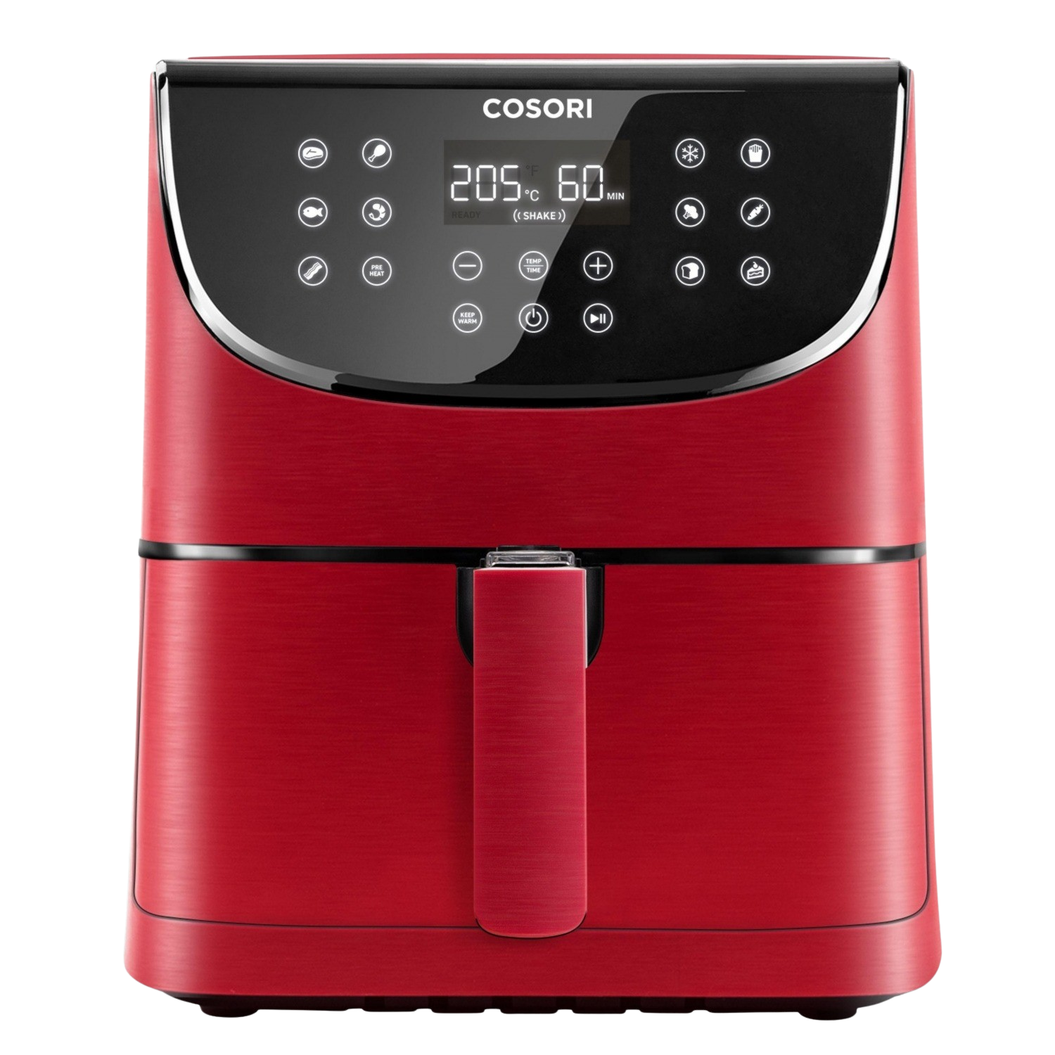 Una freidora de aire roja con pantalla digital, botones y asa. La marca es COSORI.